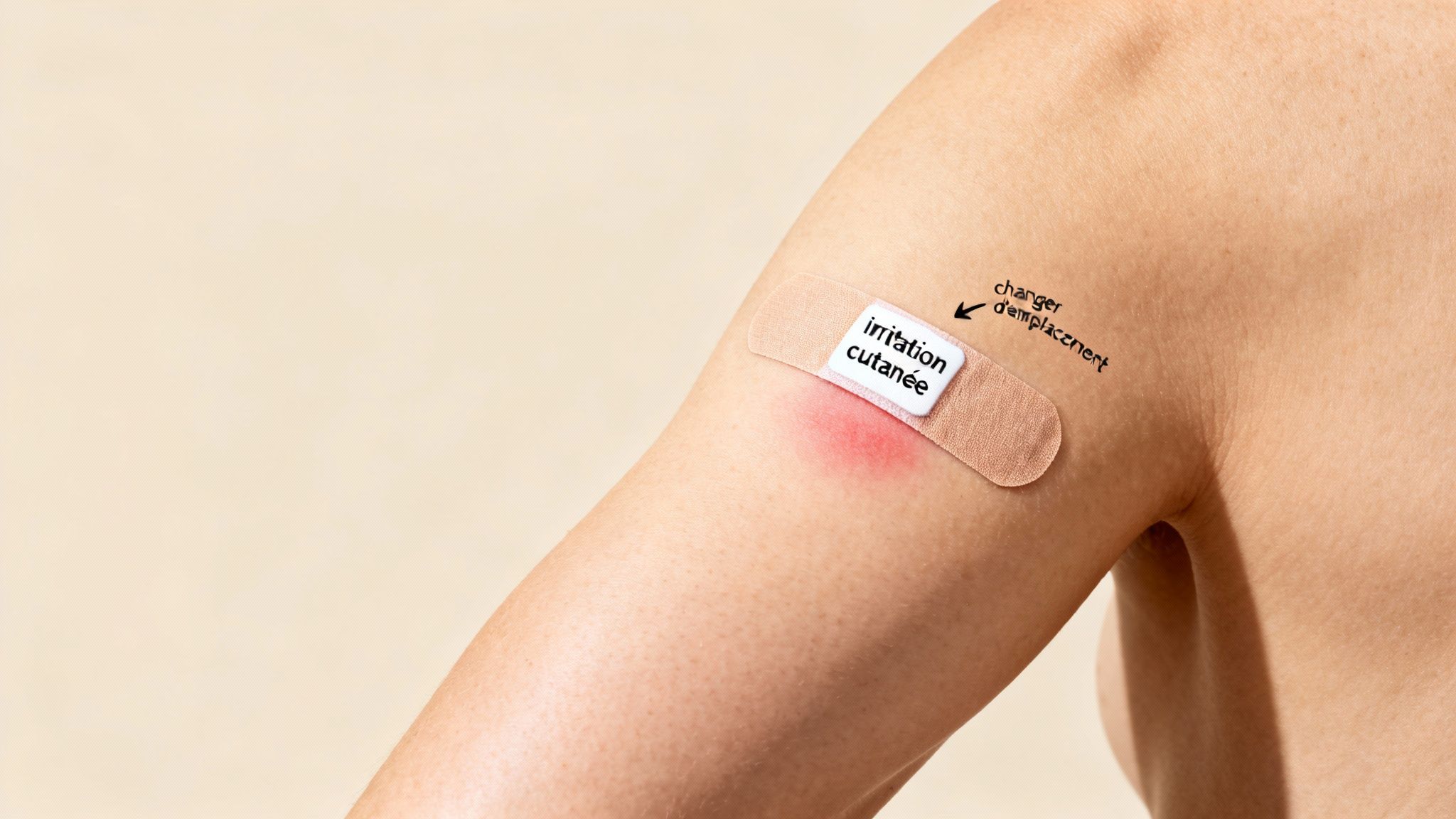 Bras avec un patch montrant une irritation cutanée, avec l'instruction de changer d'emplacement.