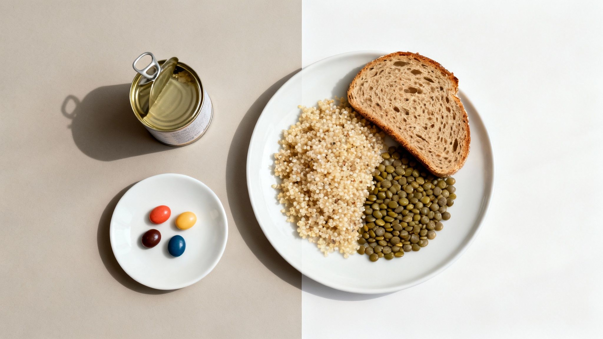 Une assiette équilibrée avec du quinoa, des légumineuses et des légumes frais, représentant les glucides complexes.