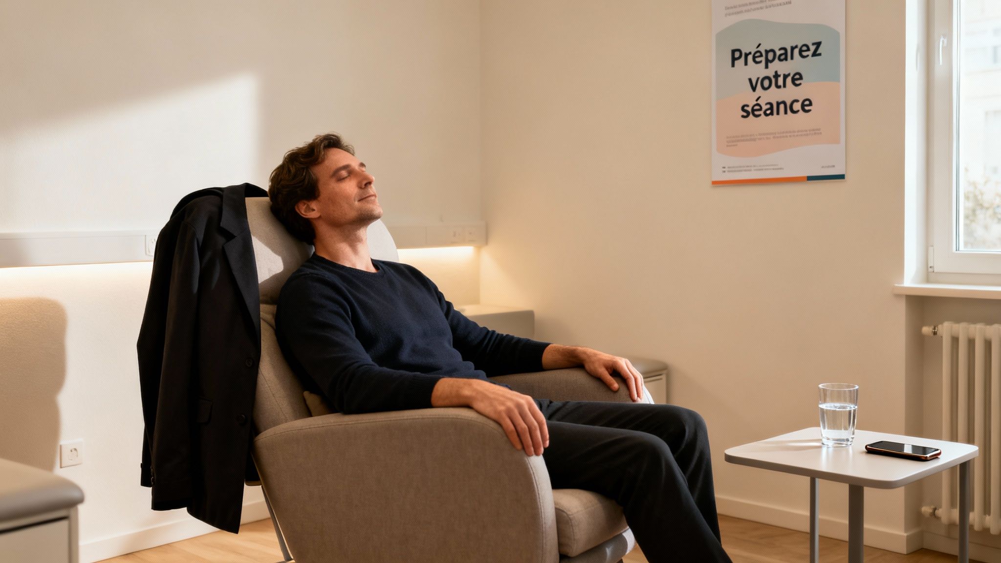 Un homme détendu, yeux fermés, est assis dans un fauteuil. Une affiche "Préparez votre séance" est au mur.