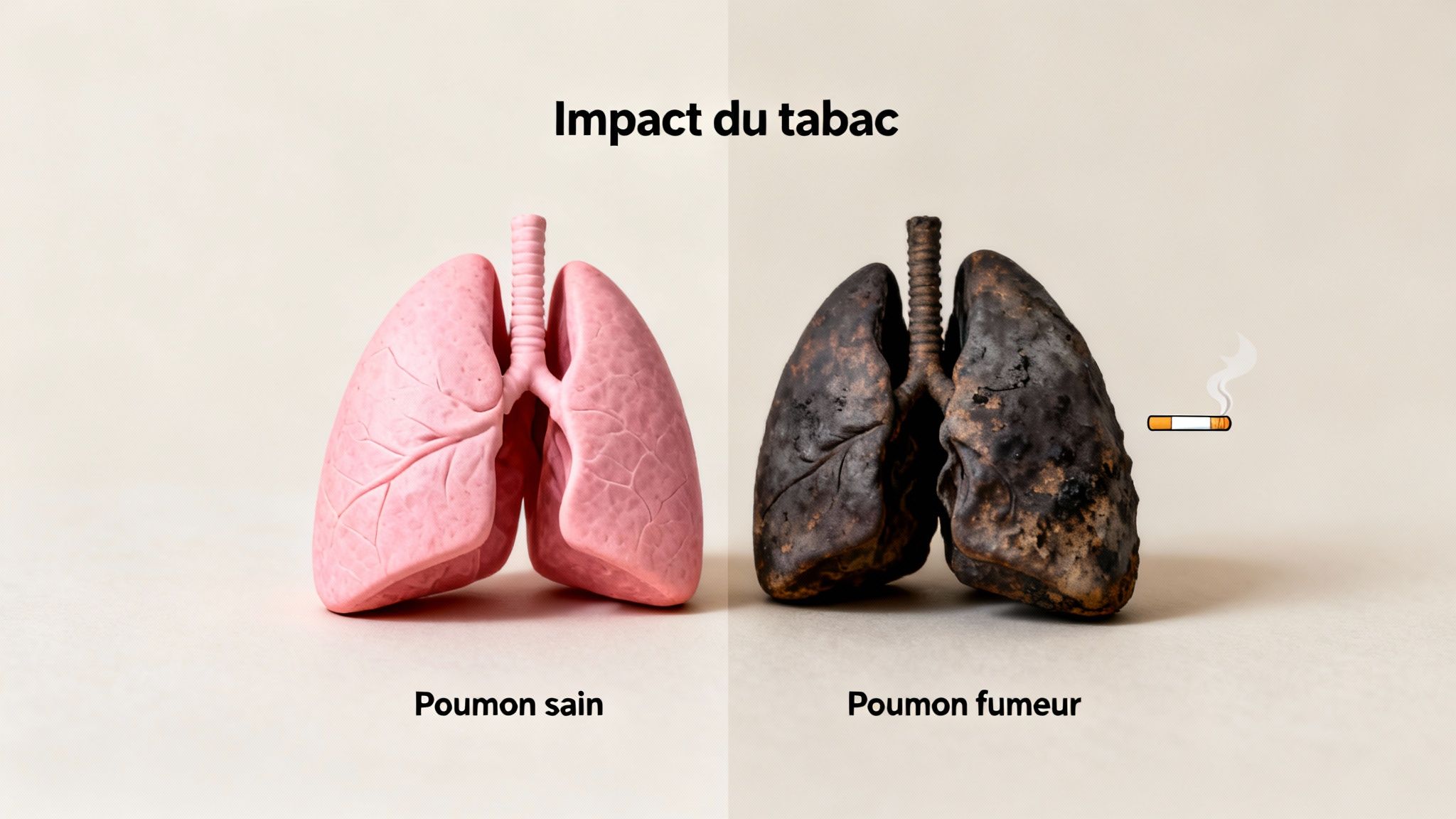 Image comparant visuellement des poumons sains roses et des poumons de fumeur noircis, montrant l'impact du tabac.