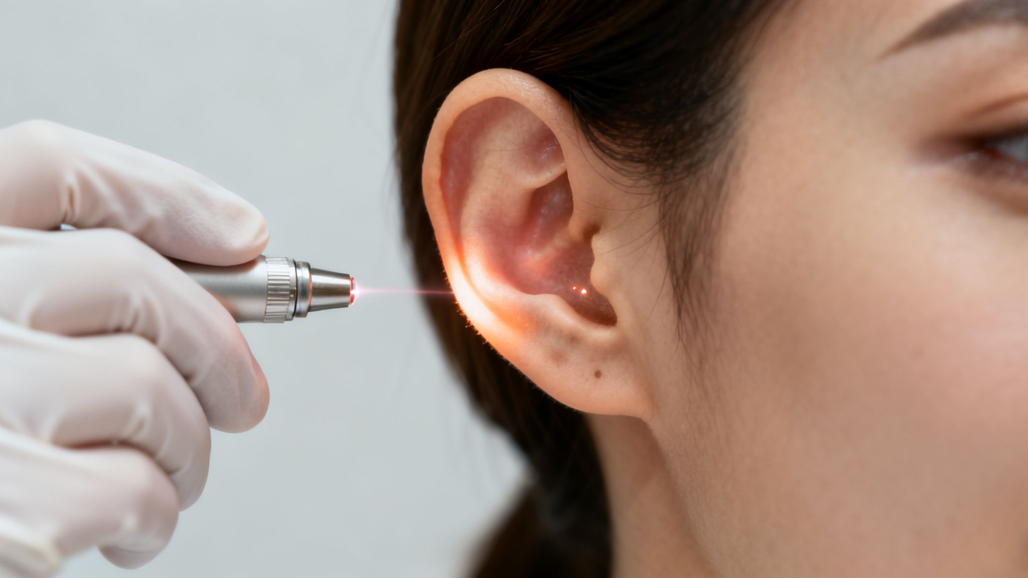 Le laser anti tabac Belgique : guide pour arrêter de fumer efficacement 4 Gros plan d'une main gantée tenant un appareil laser traitant l'oreille d'une personne, avec une lumière rouge visible.