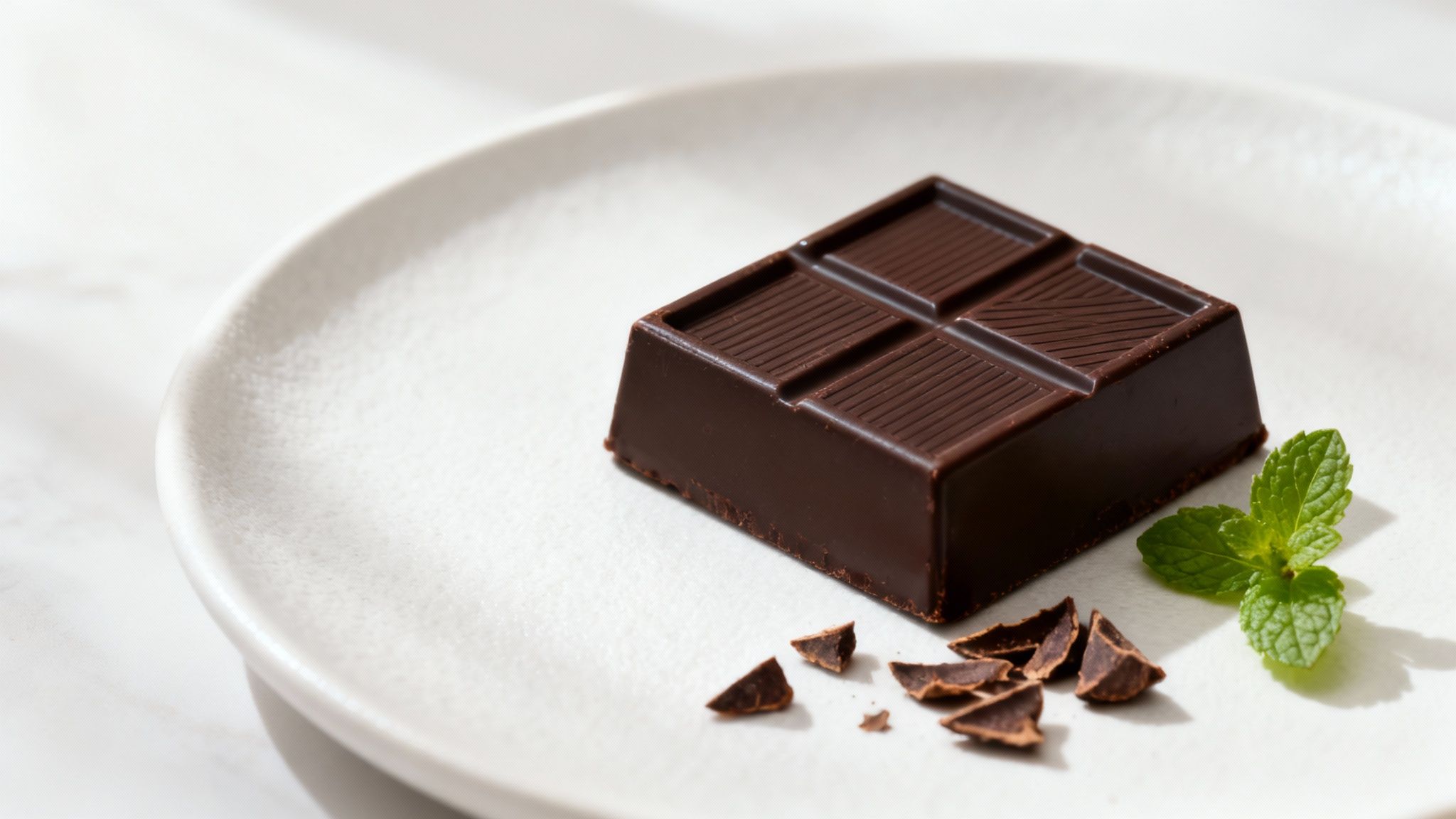 Carré de chocolat noir sans sucre sur assiette blanche avec feuille de menthe fraîche