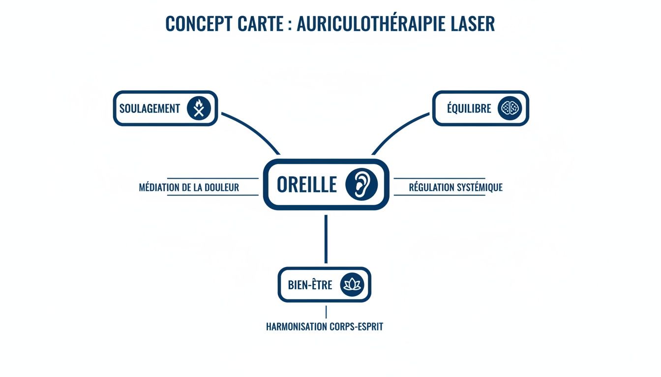 Tout savoir sur auriculothérapie laser Belgique et ses bienfaits 3 Carte conceptuelle détaillant l'auriculothérapie laser, ses bienfaits sur le soulagement, l'équilibre et le bien-être.