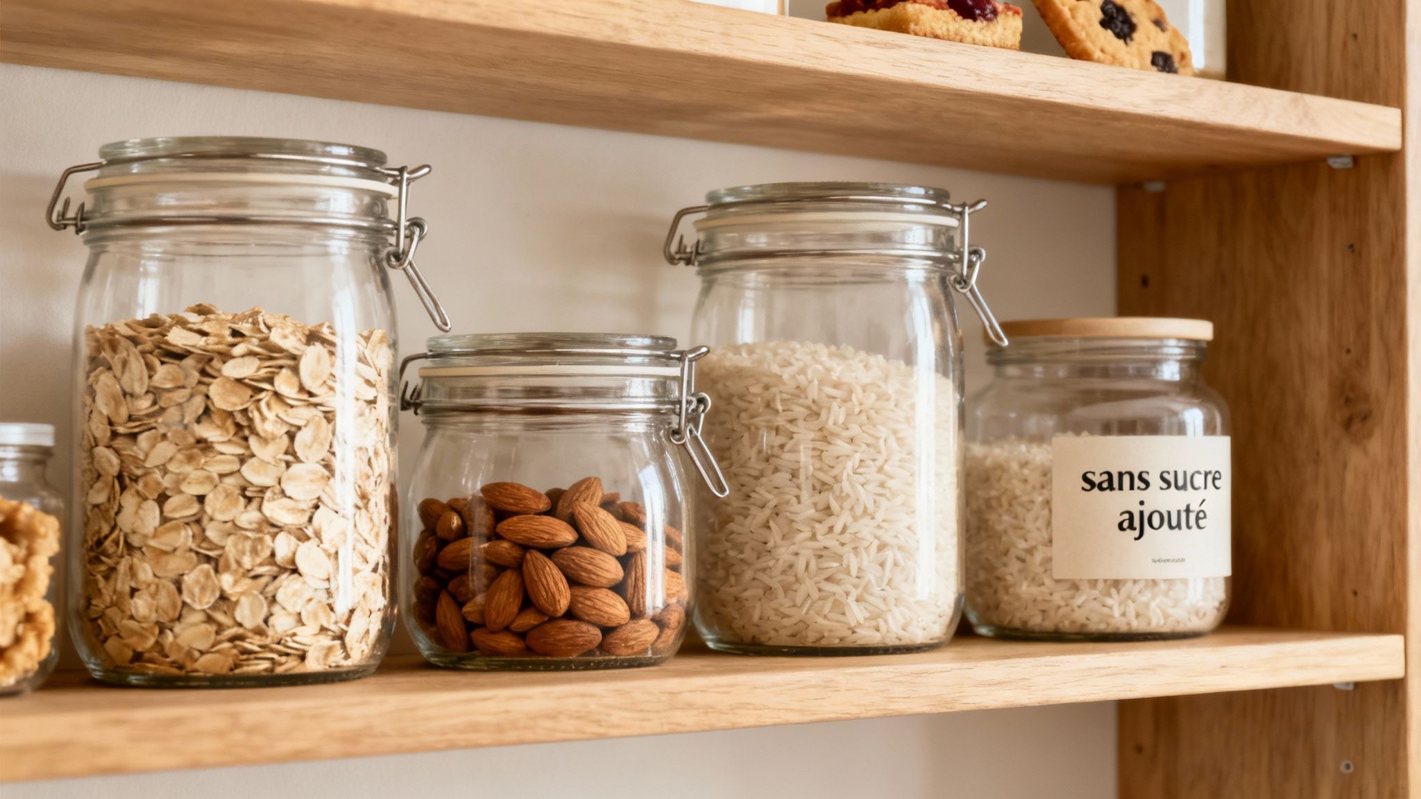 Étagère en bois avec des bocaux en verre remplis de flocons d'avoine, amandes et riz, dont un étiqueté 'sans sucre ajouté'.