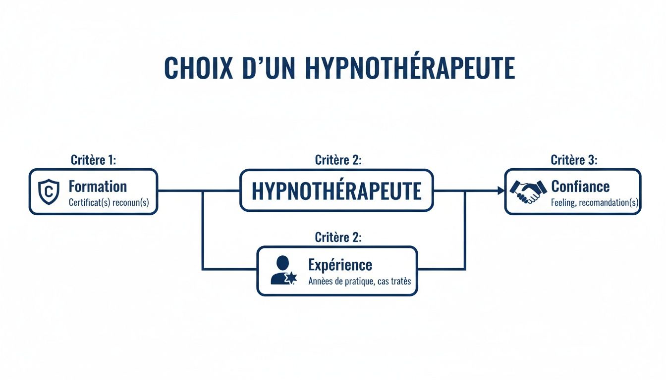 Diagramme expliquant les critères essentiels pour choisir un hypnothérapeute: formation reconnue, expérience et confiance.