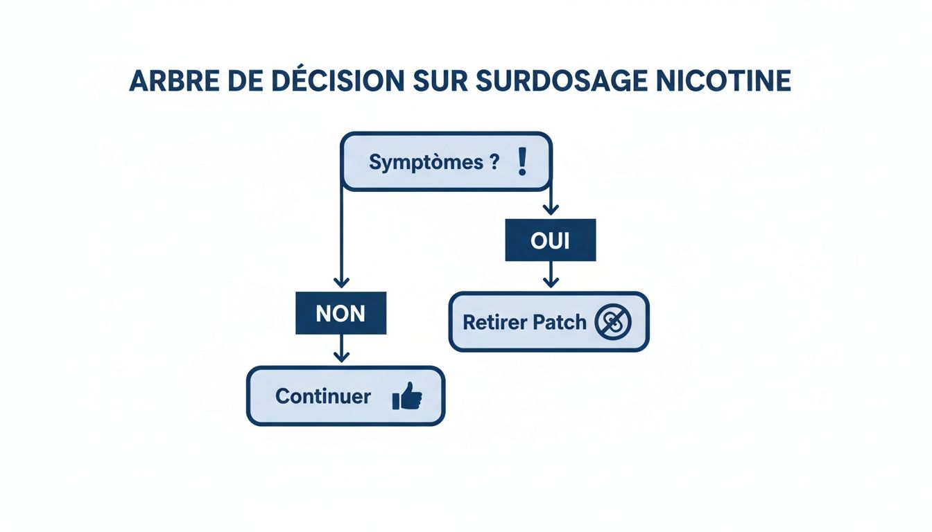 Arbre de décision sur la gestion d'un surdosage de nicotine: retirer le patch en cas de symptômes, sinon continuer.