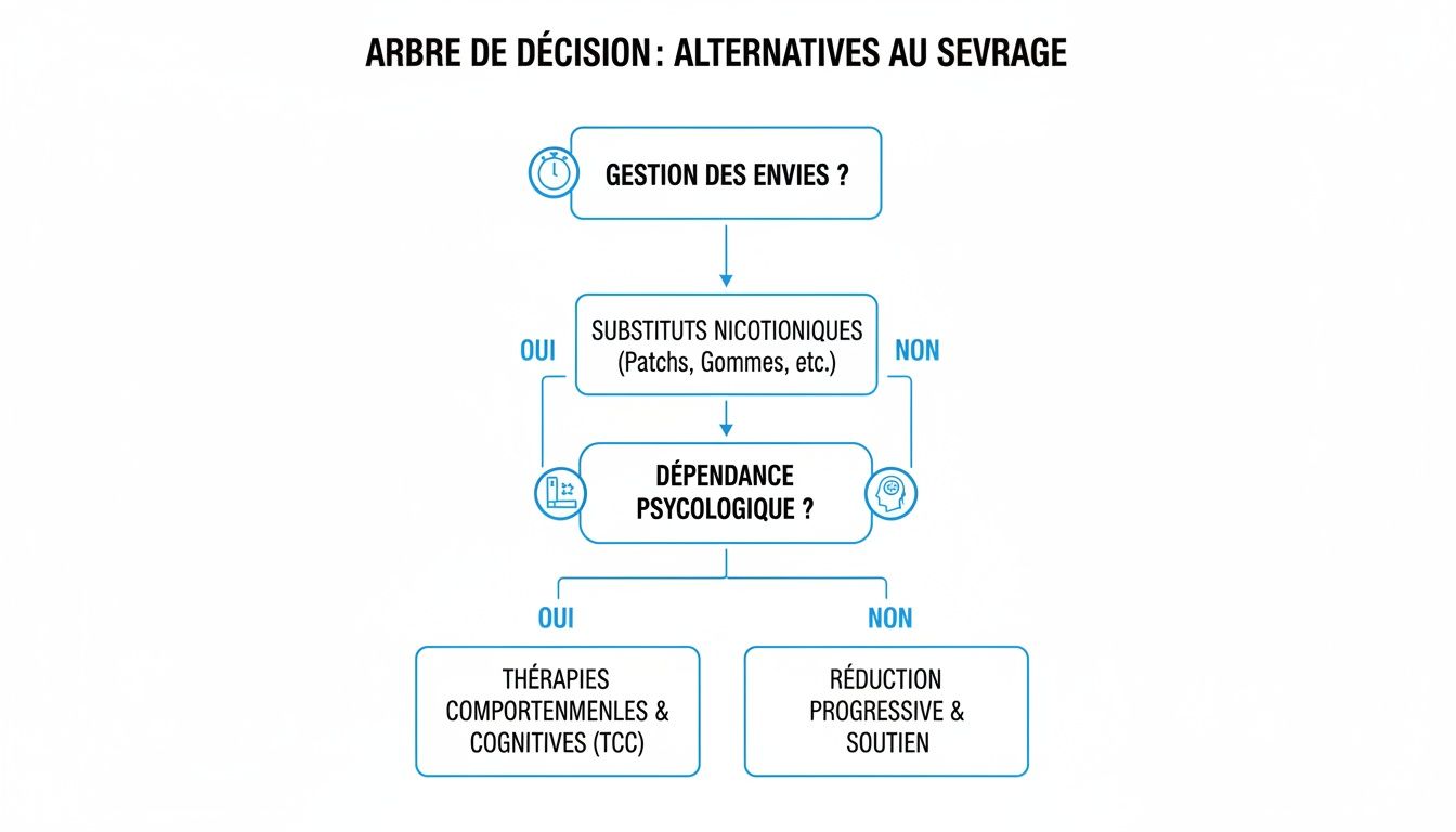 Quelle alternative aux patchs nicotine pour arrêter de fumer 4 Arbre de décision sur les alternatives au sevrage, incluant la gestion des envies, les substituts nicotiniques et l'aide psychologique.