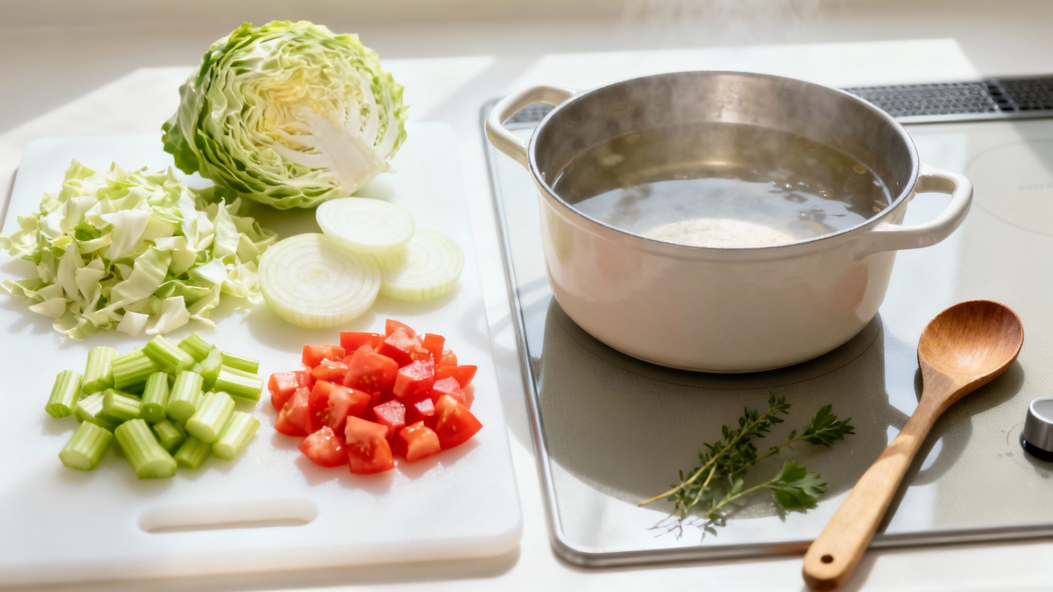 Une cuisine lumineuse avec des légumes frais pour la soupe au chou sur une planche à découper.