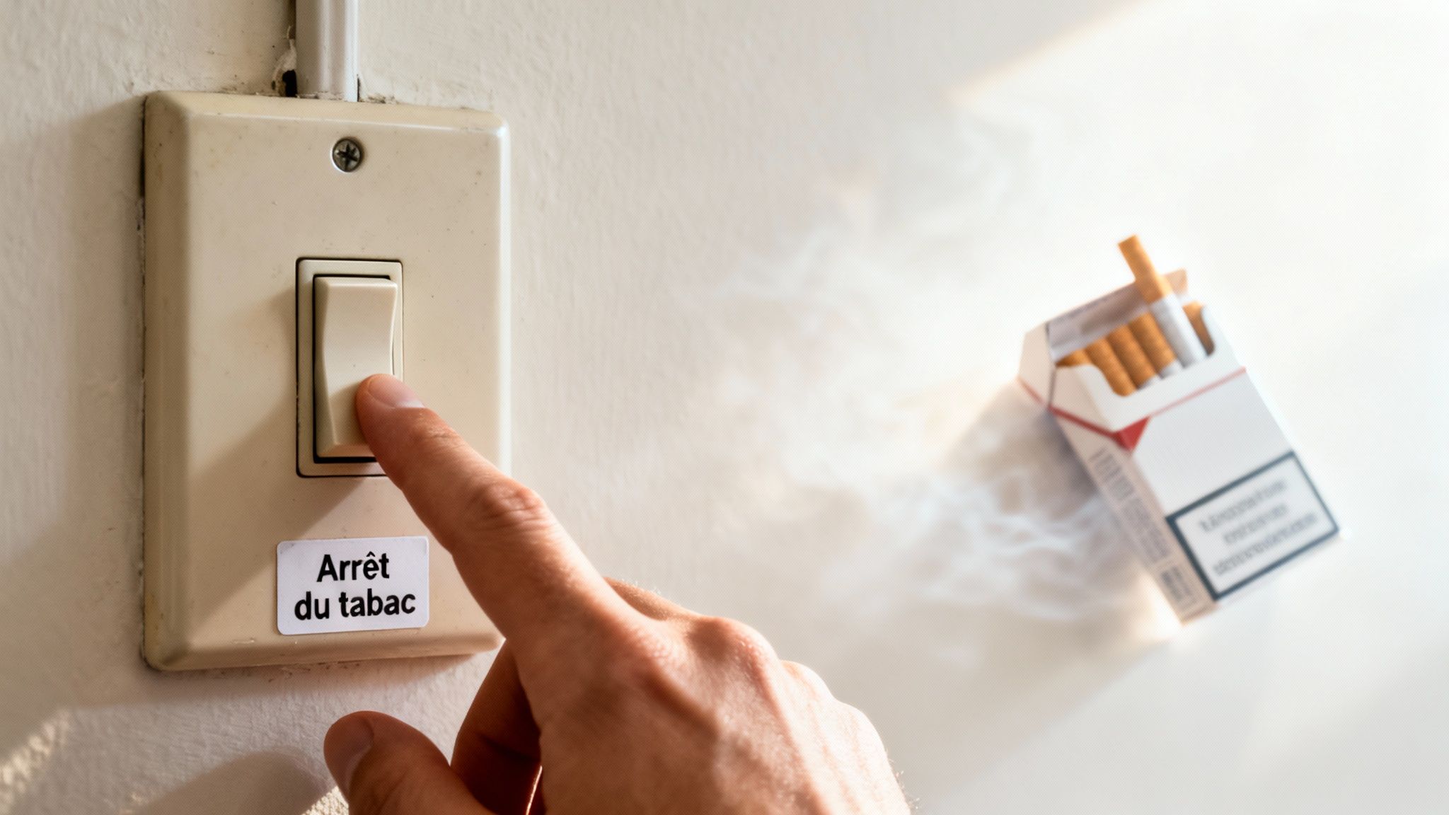 Une main appuie sur un interrupteur marqué « Arrêt du tabac », avec un paquet de cigarettes et de la fumée en arrière-plan.