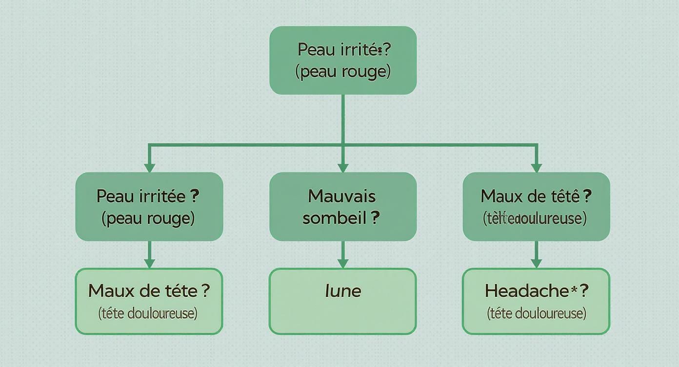 Diagramme de flux vert montrant des symptômes comme peau irritée, mauvais sommeil et maux de tête.