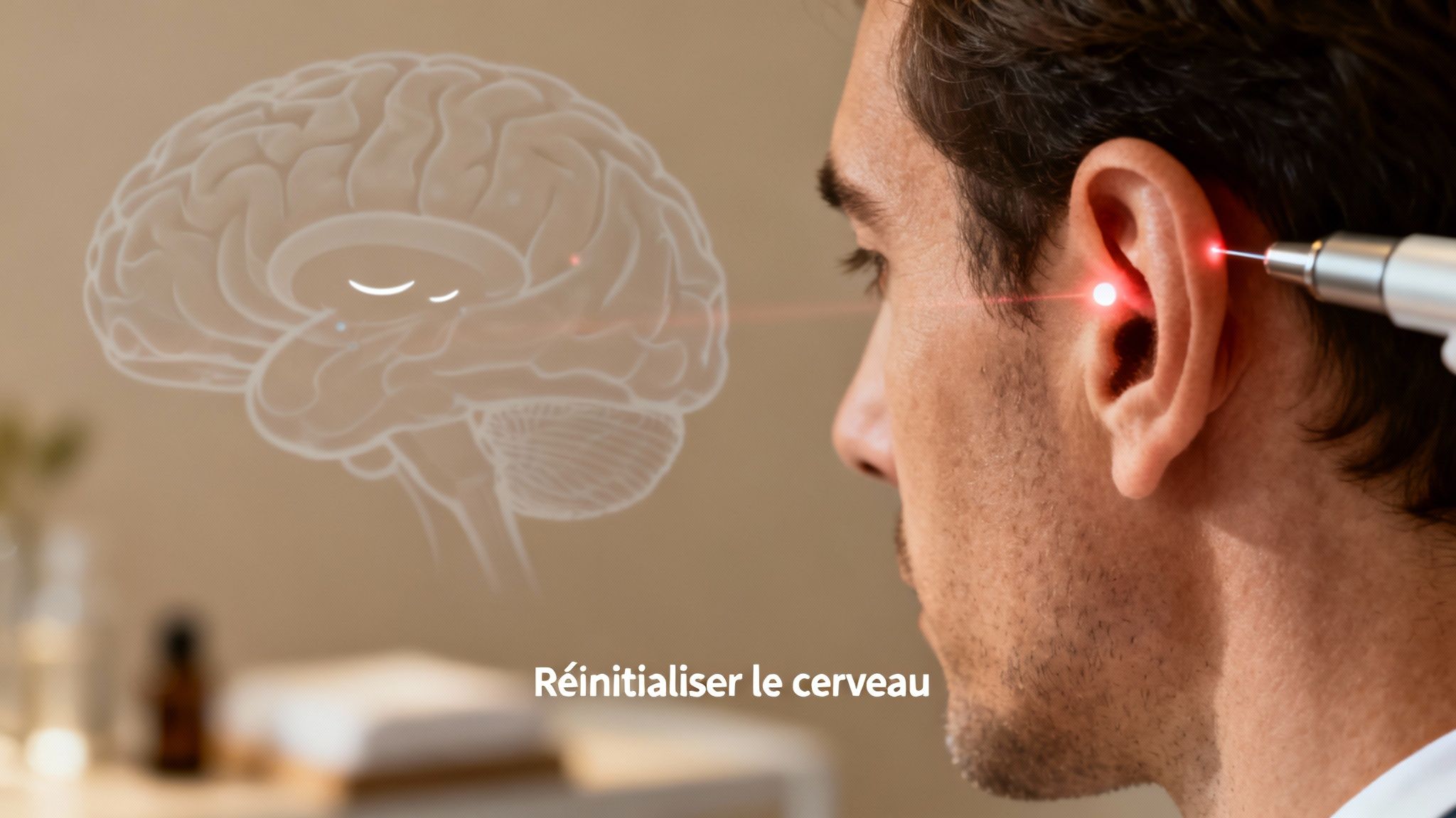 Un homme reçoit un traitement laser à l'oreille, symbolisant une thérapie pour réinitialiser le cerveau.