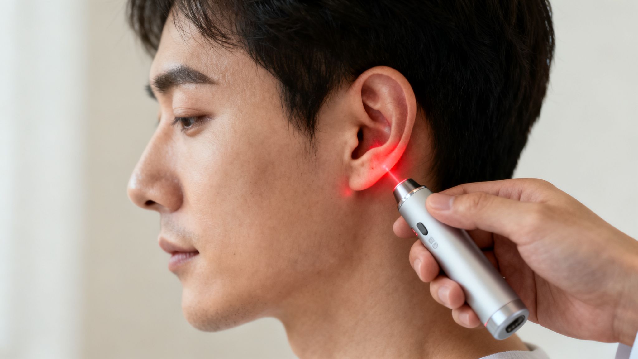 Tout savoir sur auriculothérapie laser Belgique et ses bienfaits 4 Un homme reçoit un traitement d'auriculothérapie au laser sur l'oreille, une lumière rouge est visible.
