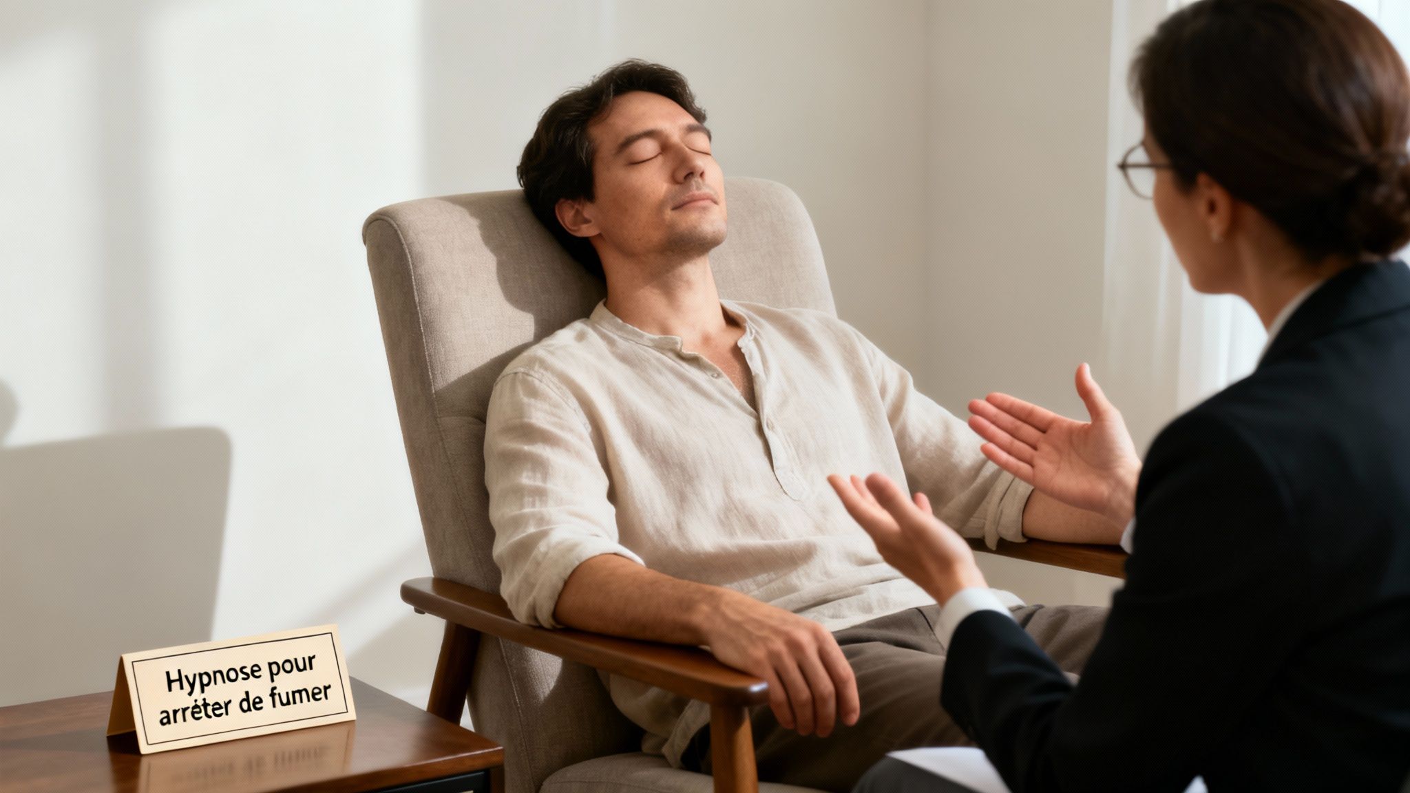 Un homme en séance d'hypnose pour arrêter de fumer, guidé par une hypnothérapeute expérimentée.