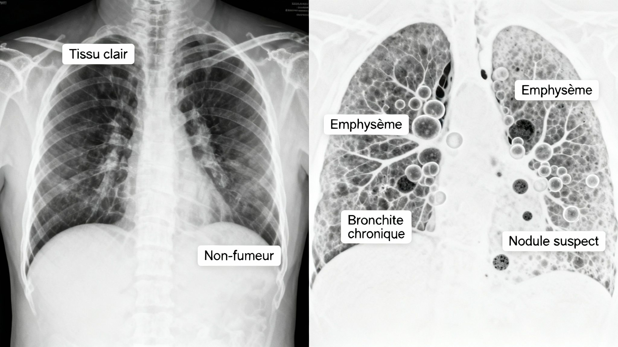 Radiographie thoracique comparant les poumons sains d'un non-fumeur et les poumons d'un fumeur avec emphysème et nodules suspects.