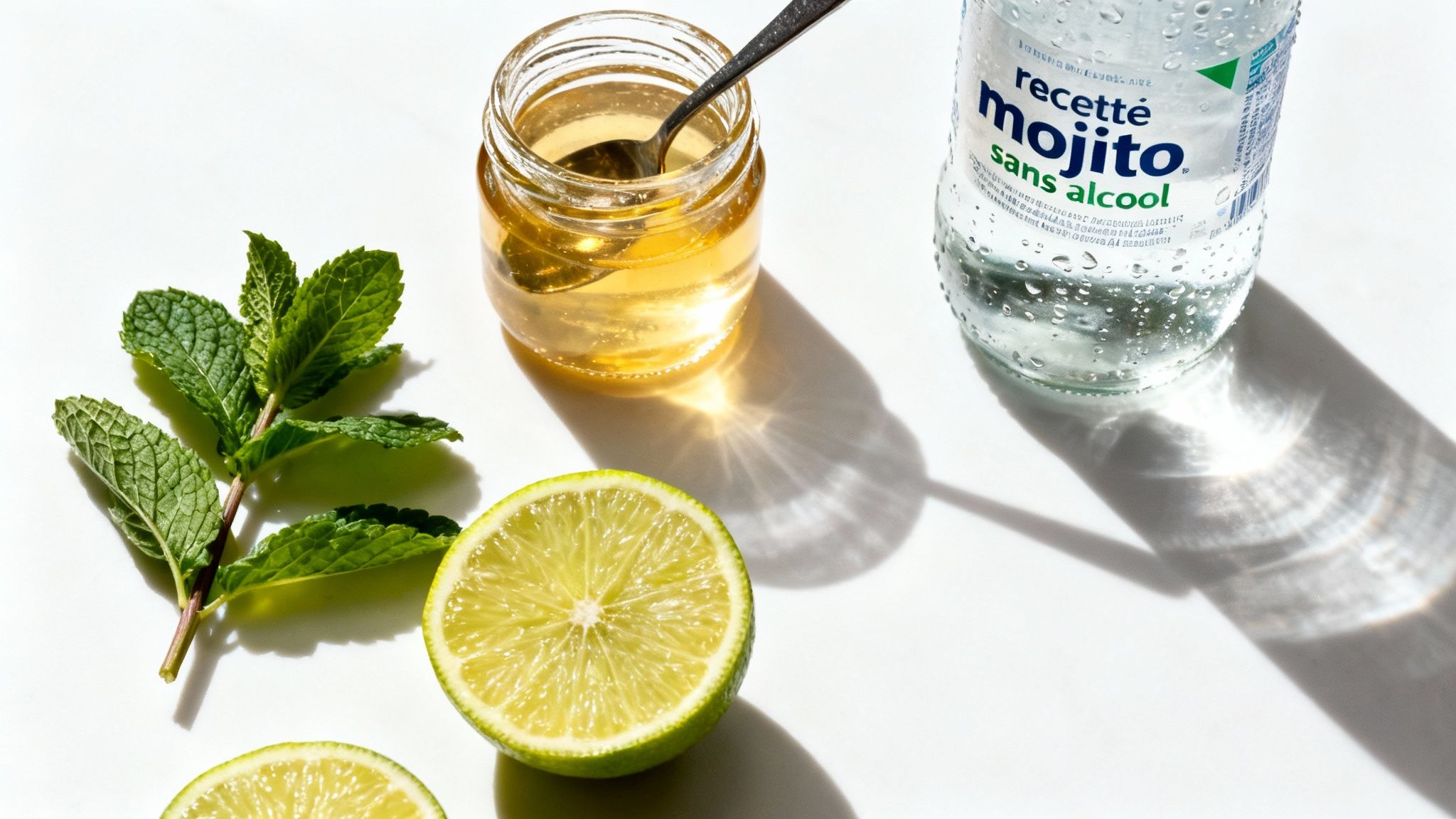 Mojito sans alcool frais avec des feuilles de menthe et des quartiers de citron vert