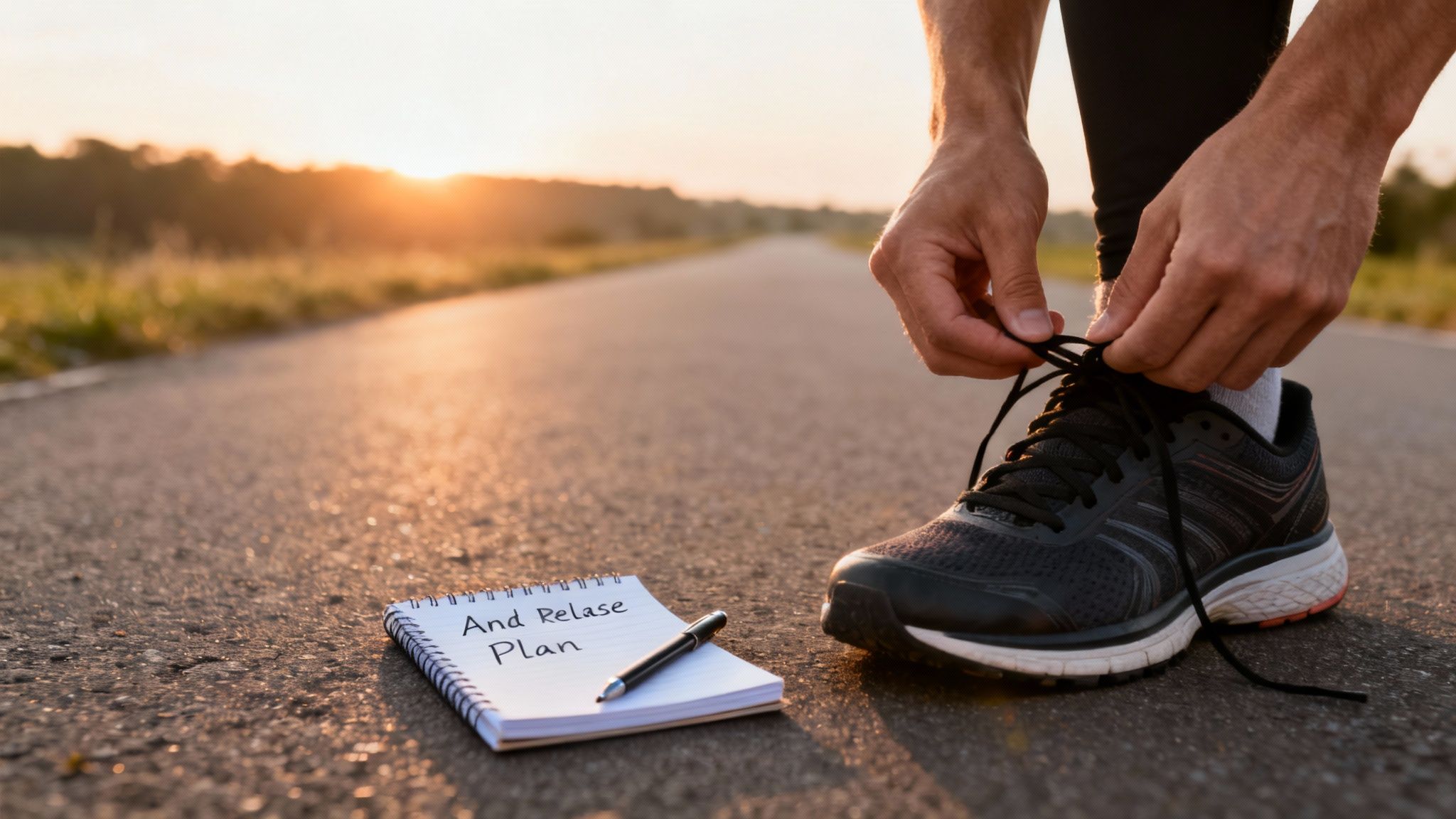 Un coureur attache ses lacets sur une route au coucher du soleil, avec un carnet "And Release Plan" à côté.