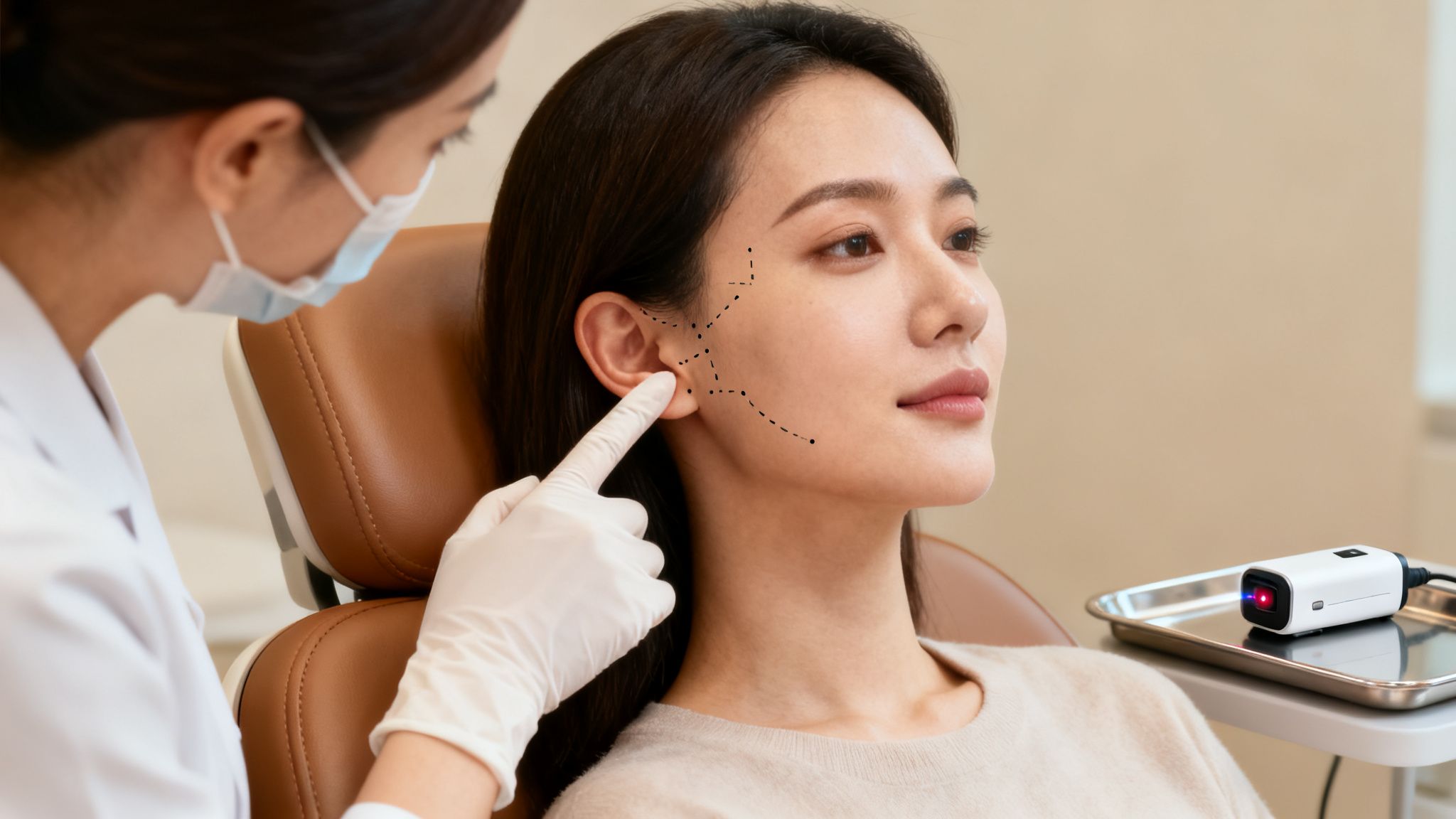 Tout savoir sur auriculothérapie laser Belgique et ses bienfaits 6 Médecin et patiente en consultation pour un traitement facial ou auriculaire, avec des marques et un appareil laser.