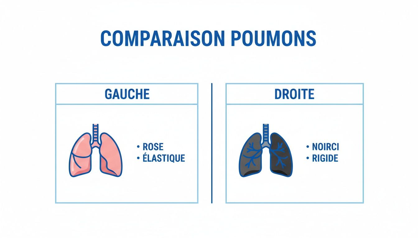 Comparaison visuelle entre des poumons sains (roses et élastiques) et des poumons abîmés (noircis et rigides).