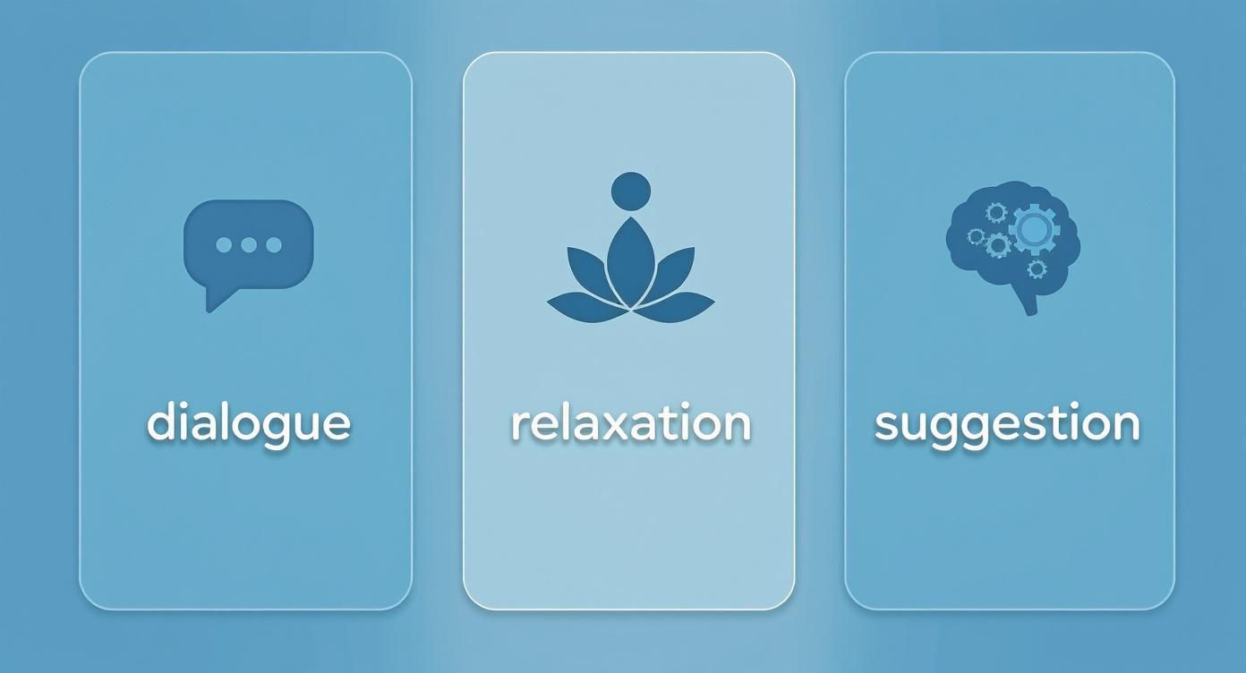 Trois cartes représentant le dialogue, la relaxation et la suggestion dans l'hypnothérapie pour arrêter de fumer