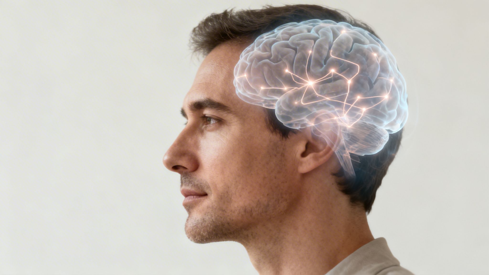 Profil d'un homme pensif avec une représentation numérique de son cerveau lumineux montrant des connexions neuronales actives.