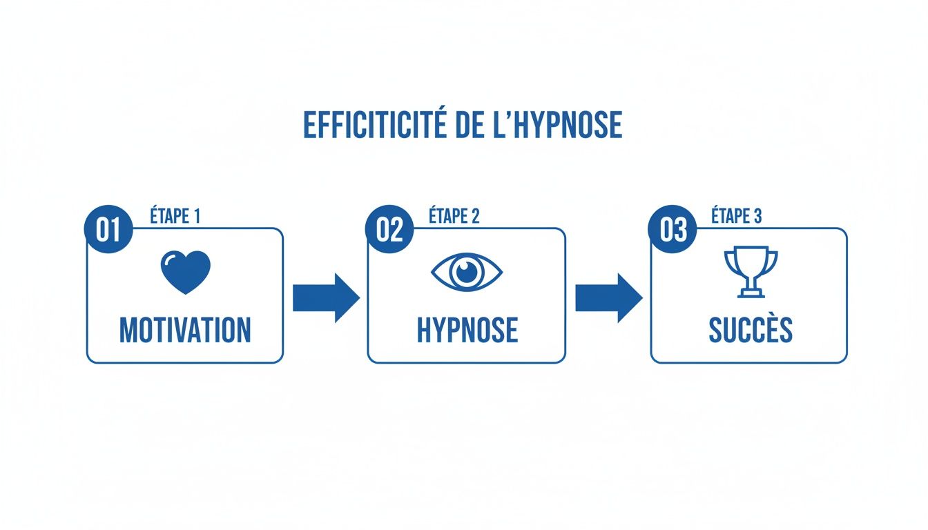 Infographie bleue et blanche détaillant l'efficacité de l'hypnose en trois étapes: motivation, hypnose, succès.