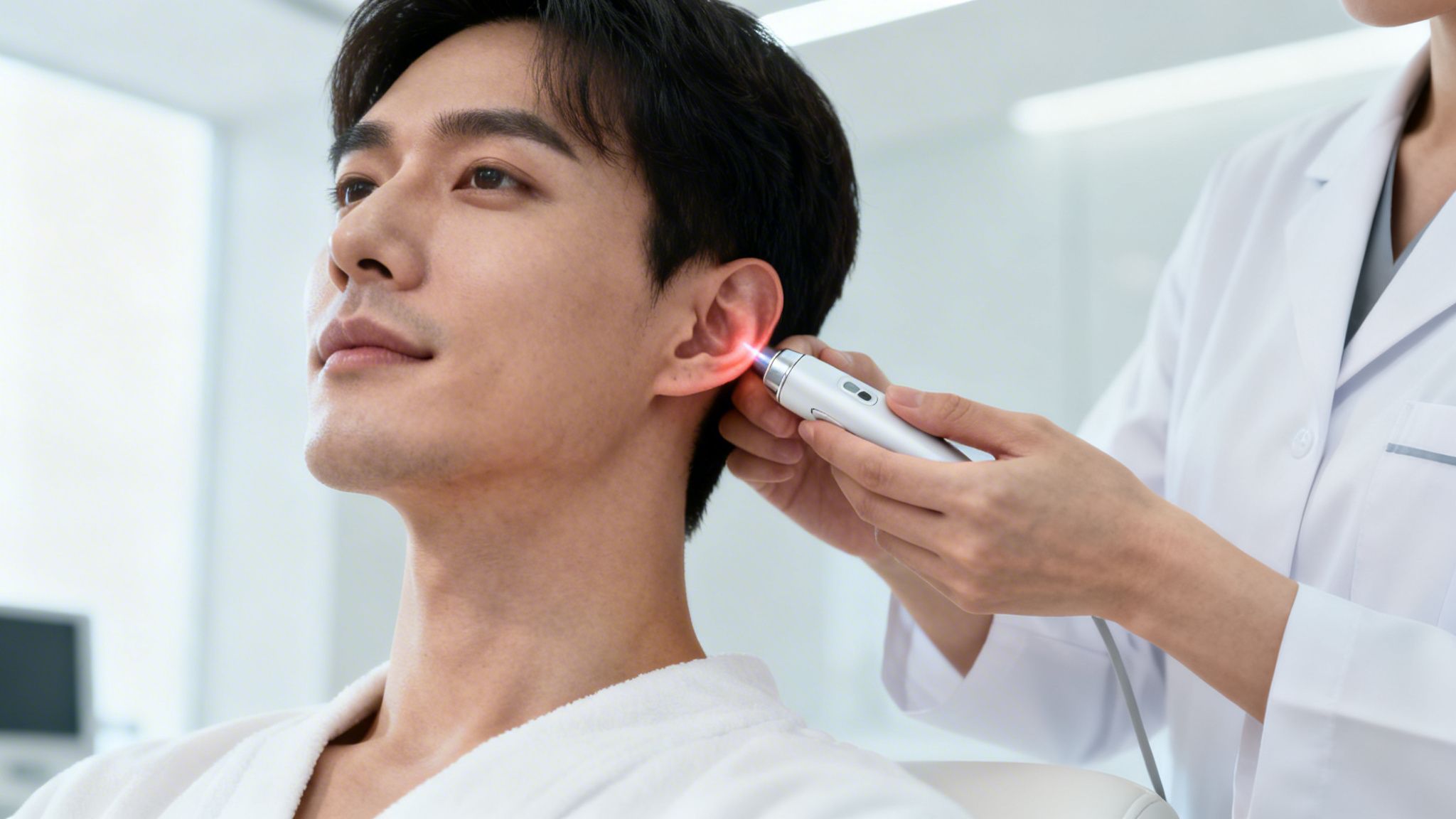 Un homme asiatique en peignoir blanc reçoit un traitement à l'oreille avec un appareil lumineux rouge d'un professionnel de la santé.
