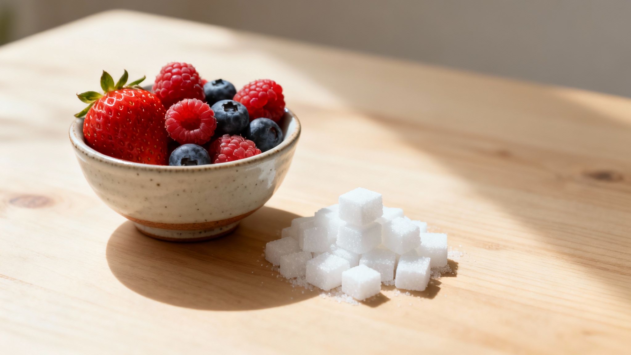 Un bol de fraises, framboises et myrtilles à côté d'une pile de sucres en morceaux sur une table en bois.
