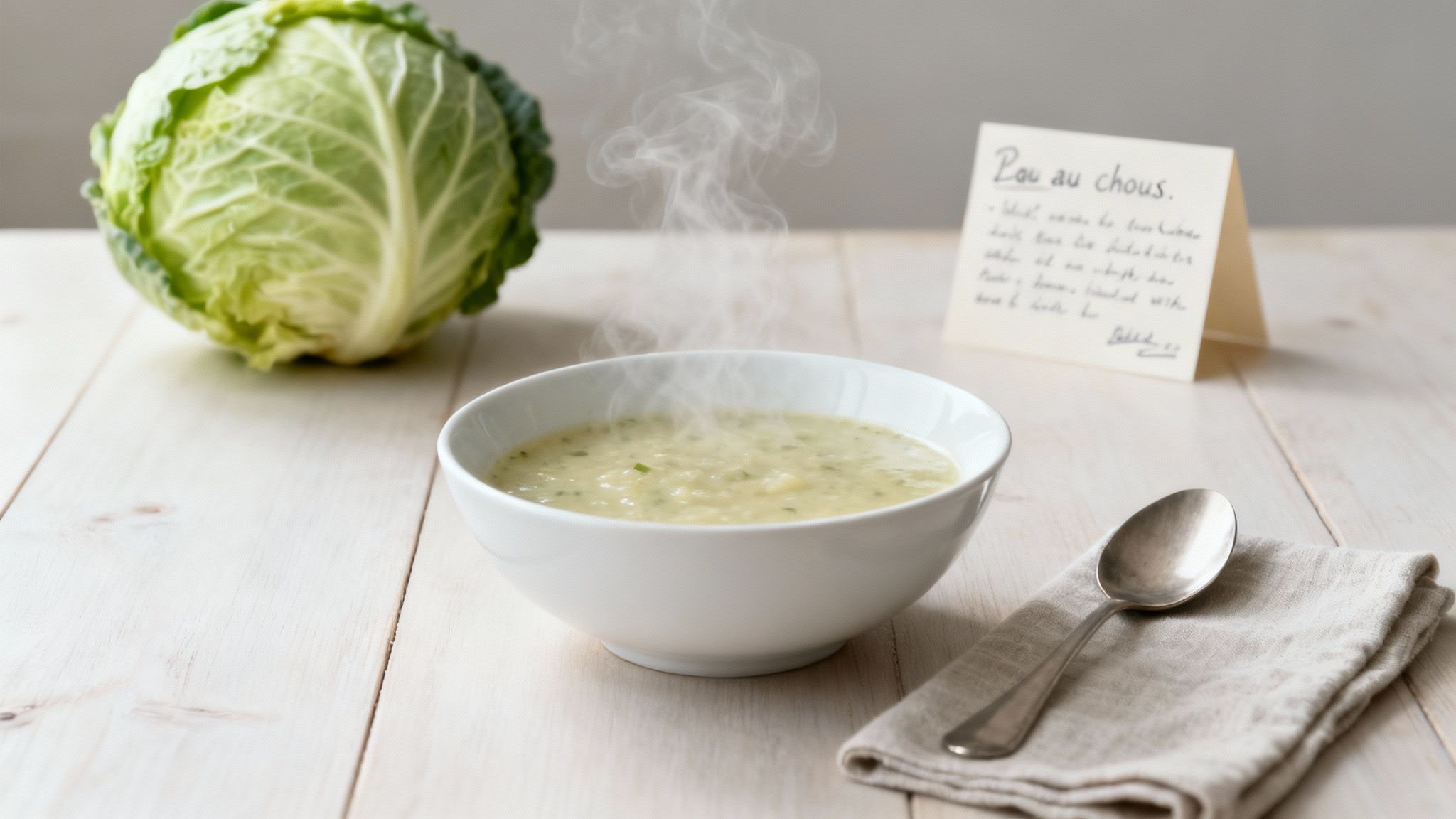 Un bol de soupe aux choux fumante, remplie de morceaux de chou, carottes et autres légumes.