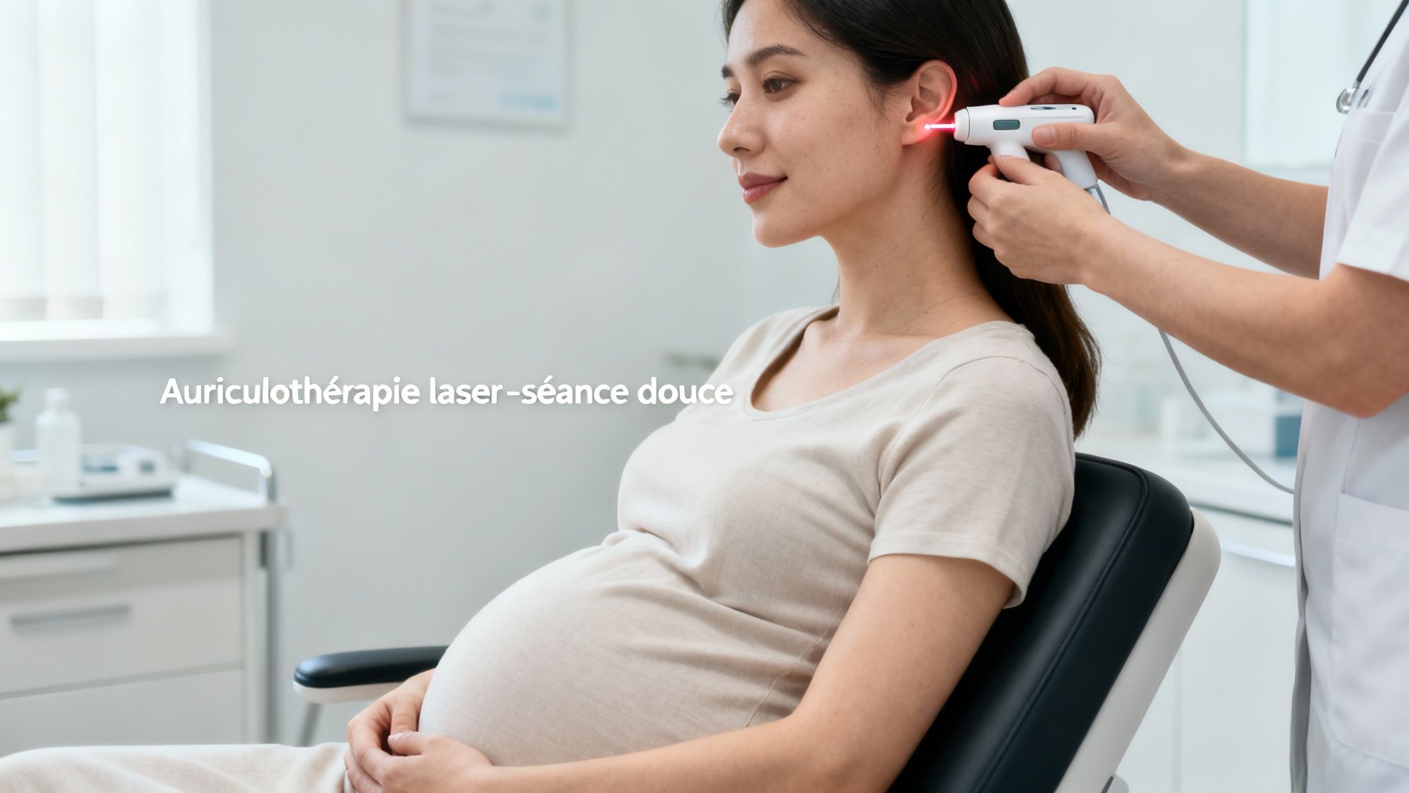 Une femme enceinte reçoit une séance douce d'auriculothérapie laser sur son oreille, administrée par un professionnel.