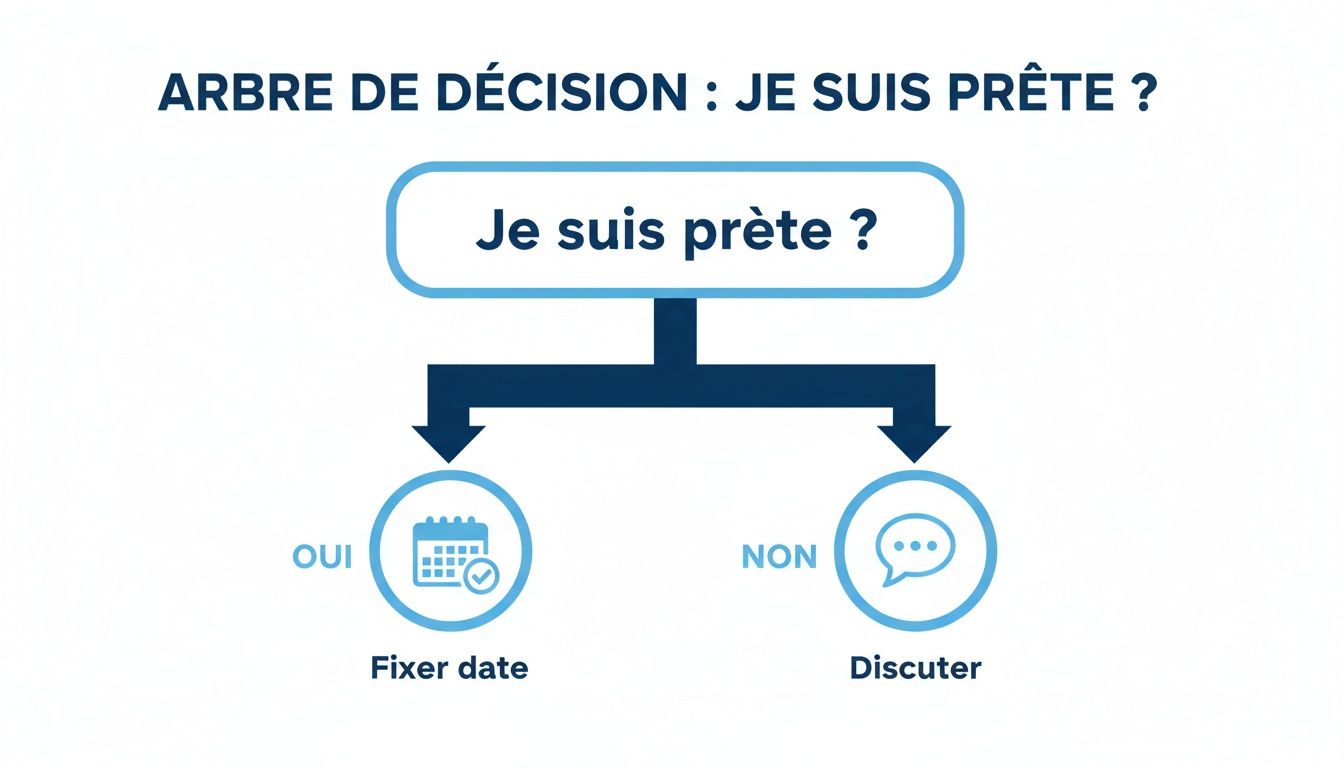 Un arbre de décision simple demandant « Je suis prête ? » avec deux options : « Oui, fixer date » et « Non, discuter ».