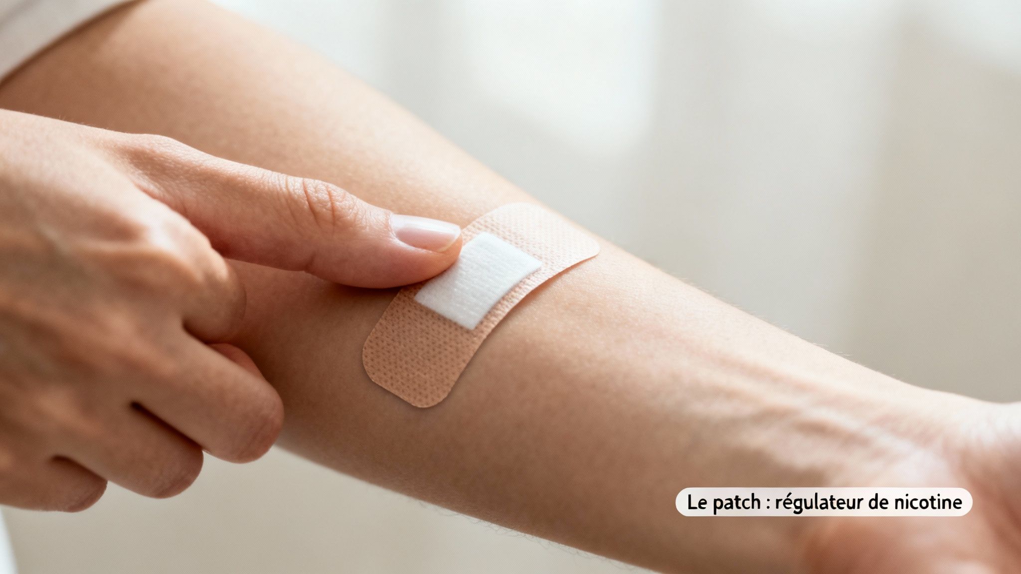 Gros plan sur un bras avec un patch de nicotine. Un doigt le touche. Le texte mentionne le régulateur de nicotine.