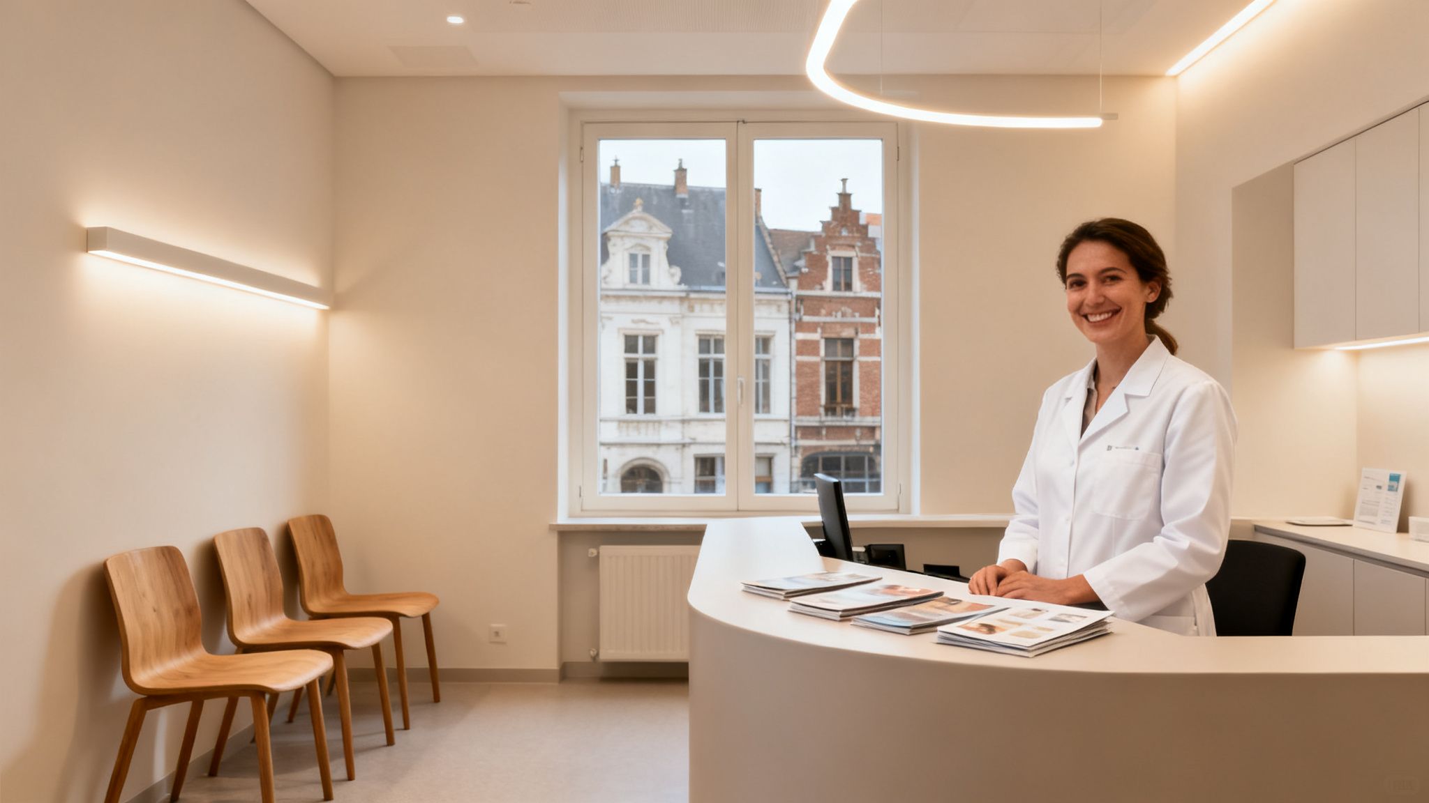 Le laser anti tabac Belgique : guide pour arrêter de fumer efficacement 6 Une femme souriante en blouse blanche derrière un comptoir d'accueil moderne dans une clinique lumineuse, avec des chaises en bois et une fenêtre.