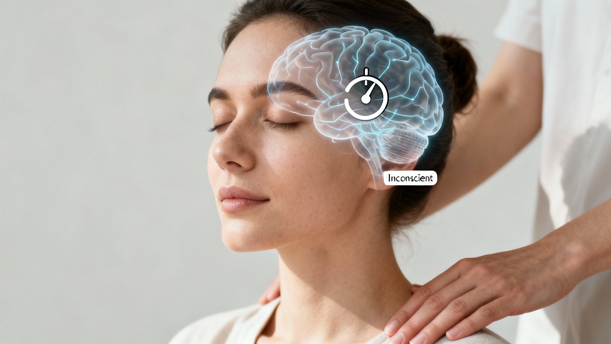Femme aux yeux fermés, cerveau lumineux affichant un chronomètre et "Inconscient", mains sur ses épaules.