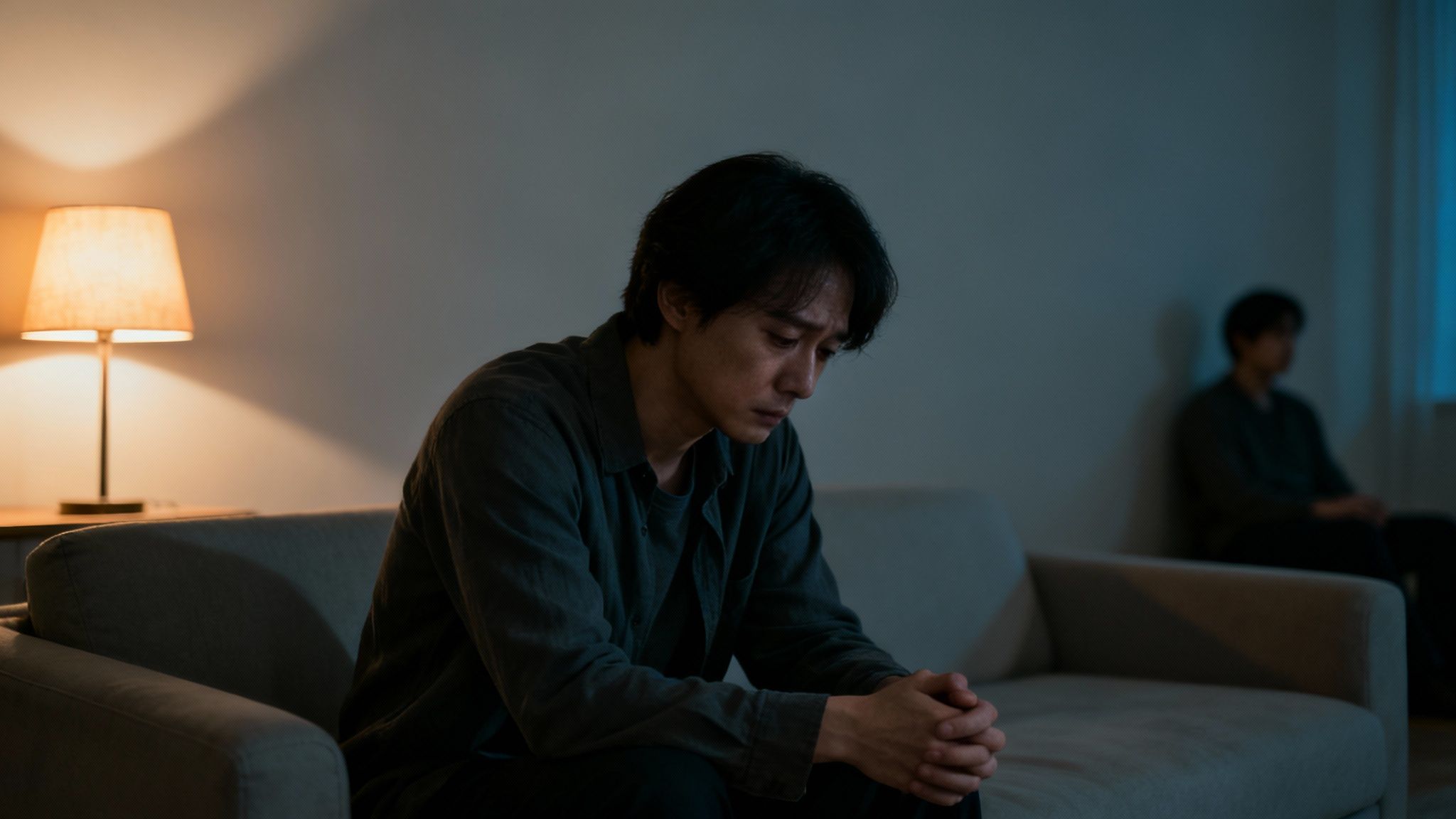 Un homme triste est assis sur un canapé dans une pièce sombre, éclairée par une lampe, suggérant la solitude.
