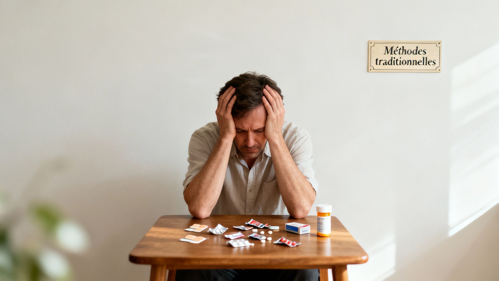 Un homme stressé, les mains sur la tête, entouré de médicaments sous une pancarte "Méthodes traditionnelles".