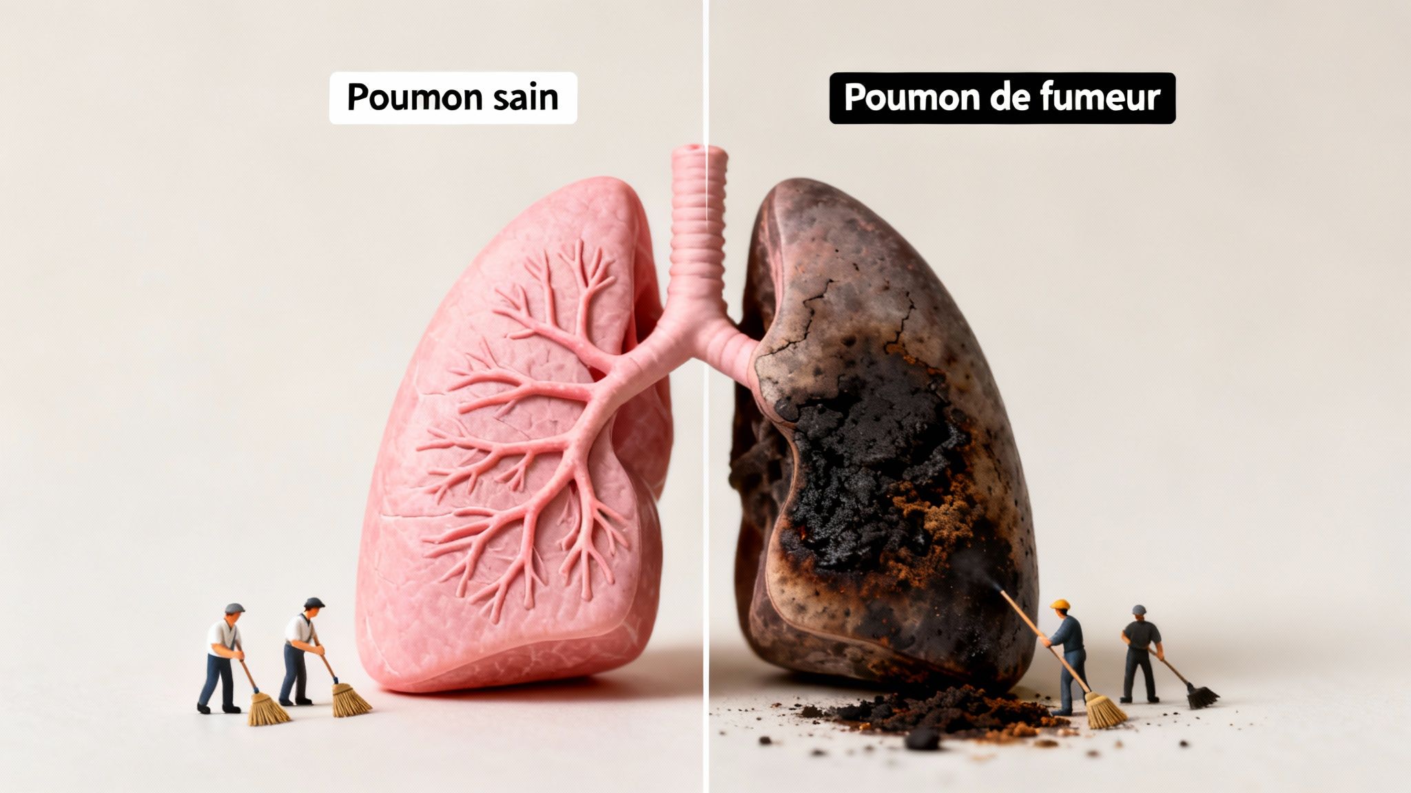Comparaison visuelle entre un poumon sain rose et un poumon de fumeur noirci, avec des personnages miniatures.