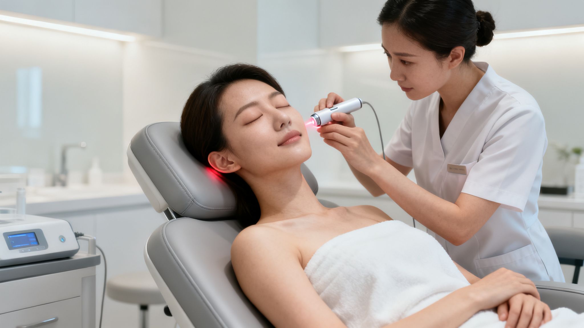 Une femme reçoit un traitement de lumière rouge sur son visage et son oreille dans une clinique de beauté.