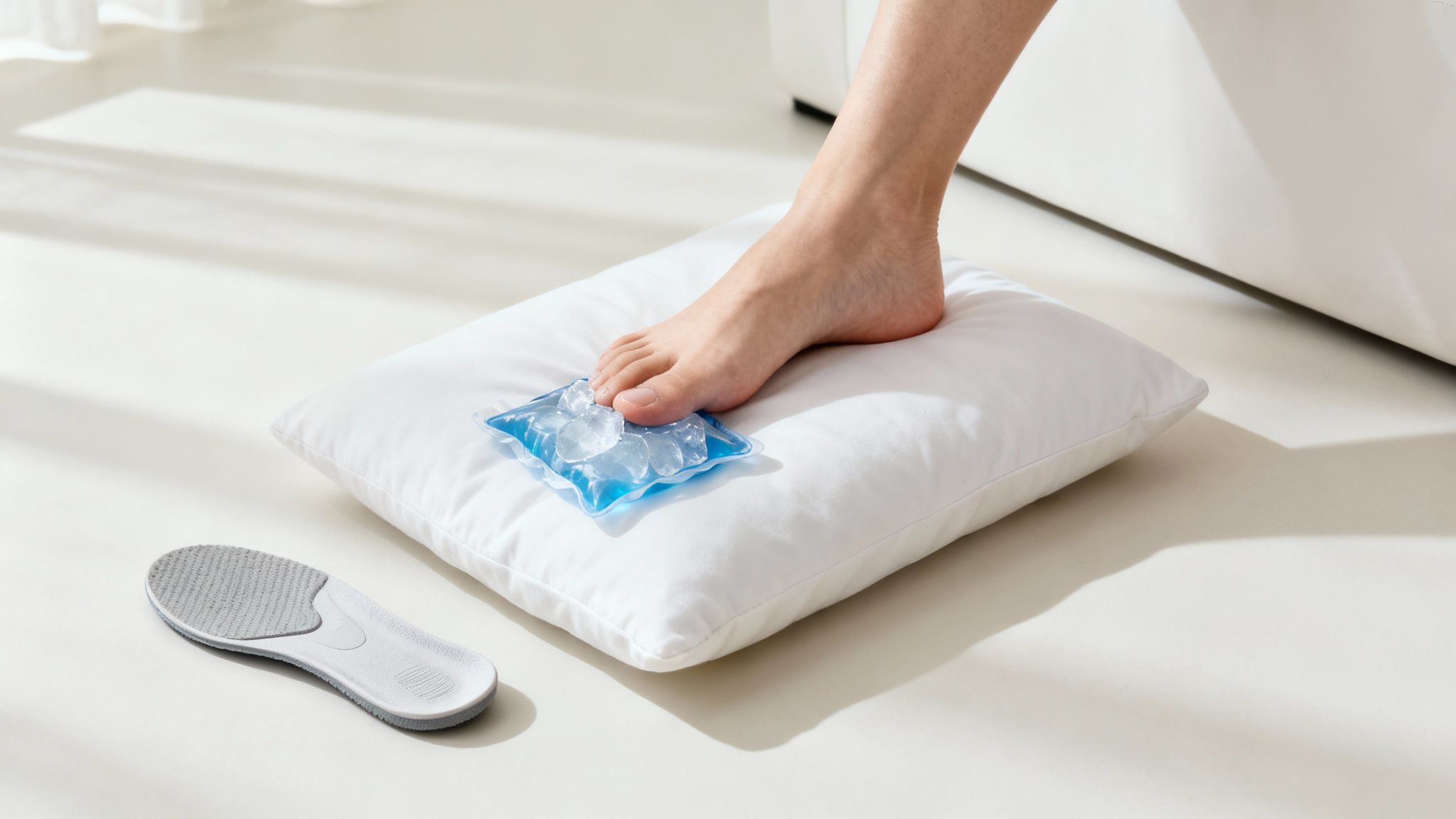 Personne appliquant de la glace sur son pied pour soulager la douleur