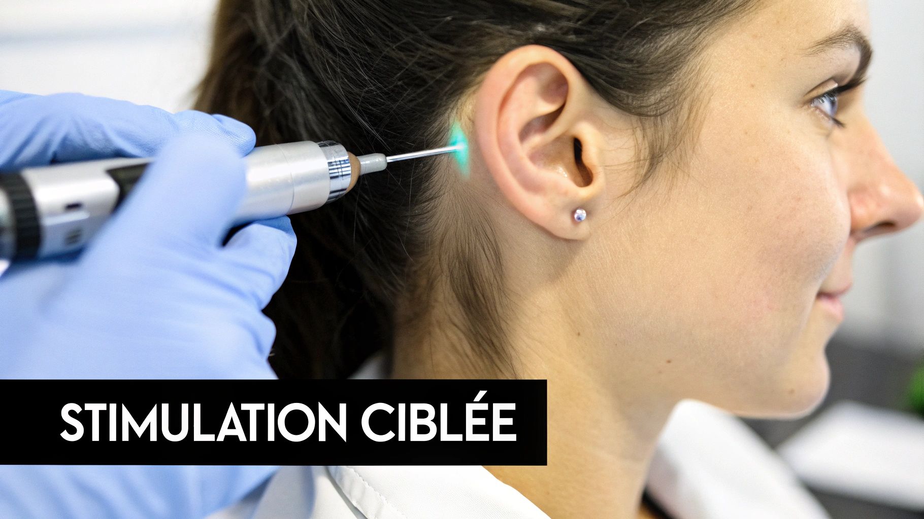 Une oreille humaine avec des points d'acupuncture mis en évidence par des cercles lumineux