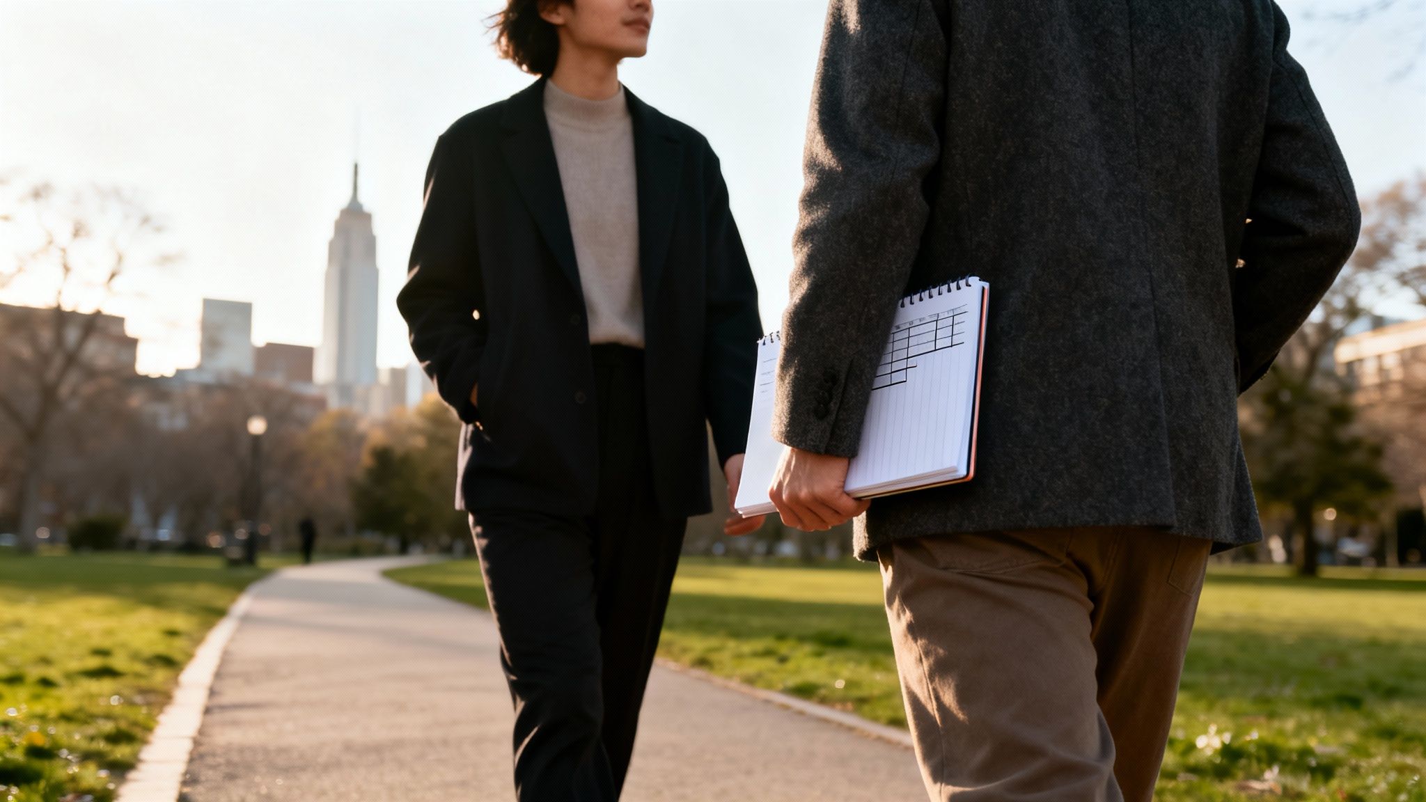 Deux personnes marchant dans un parc urbain avec des immeubles en arrière-plan, l'une tenant un carnet.