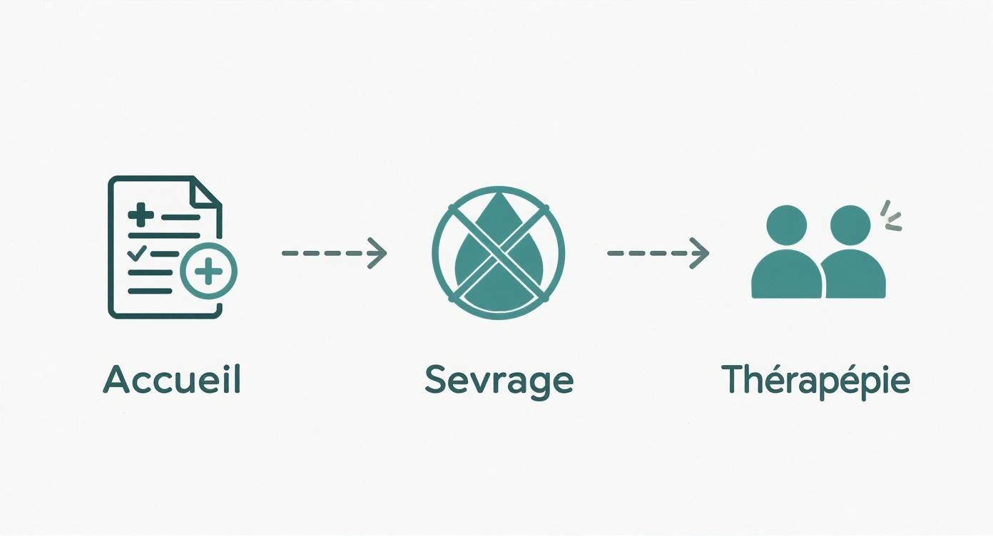 Diagramme illustrant le processus de traitement : accueil, sevrage et thérapie pour la désintoxication.