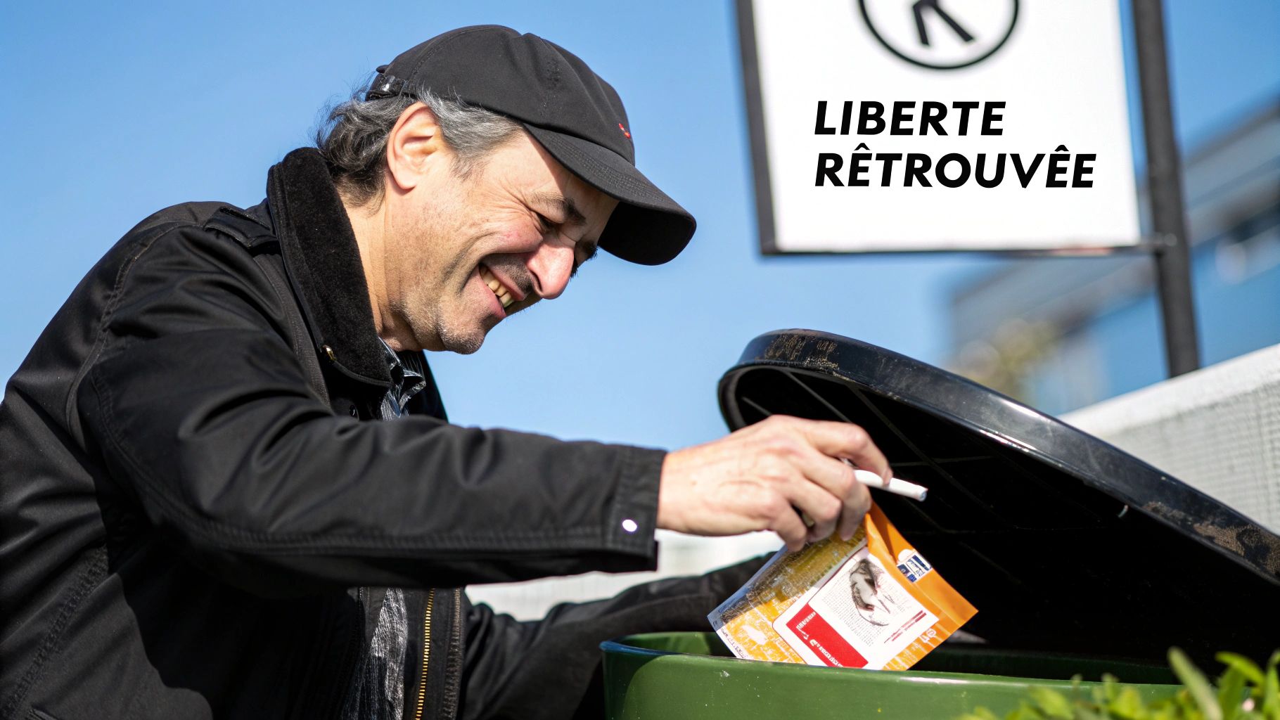 Un homme d'affaires souriant jette son paquet de cigarettes dans une poubelle, symbolisant la liberté retrouvée
