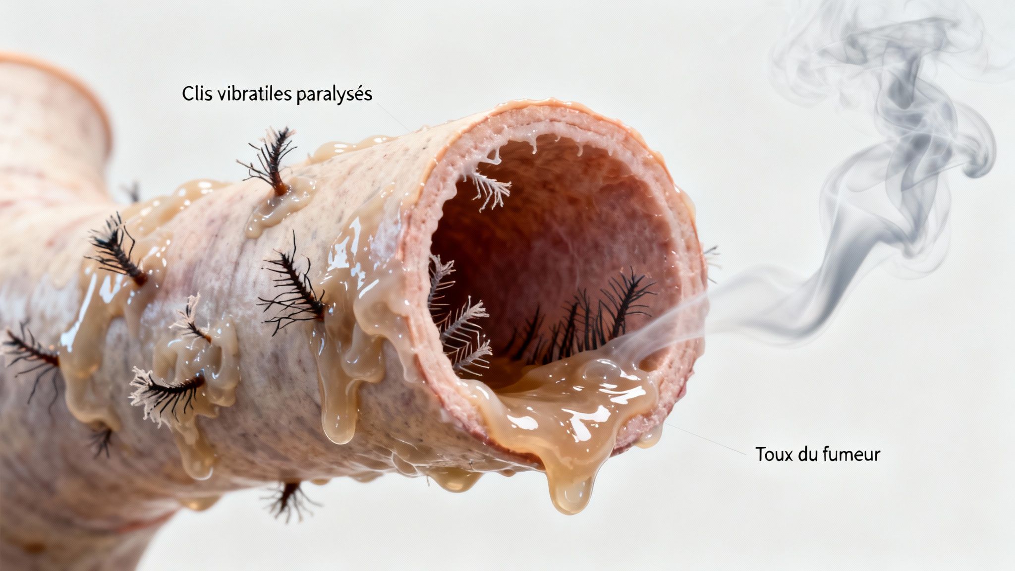 Vue d'une bronche avec des cils vibratiles endommagés et du mucus, expliquant la toux du fumeur.