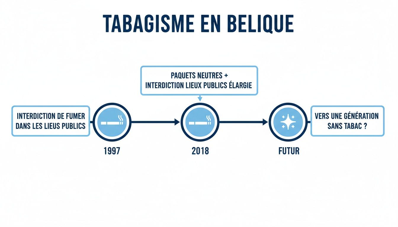 Une chronologie des mesures anti-tabac en Belgique, de l'interdiction de fumer aux paquets neutres, vers un futur sans tabac.