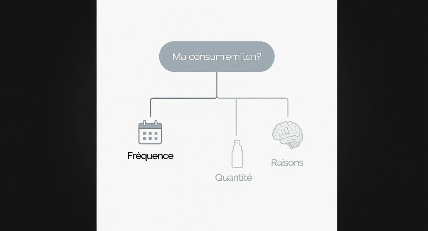 Diagramme illustrant l'auto-évaluation de la consommation, incluant fréquence, quantité et raisons psychologiques.