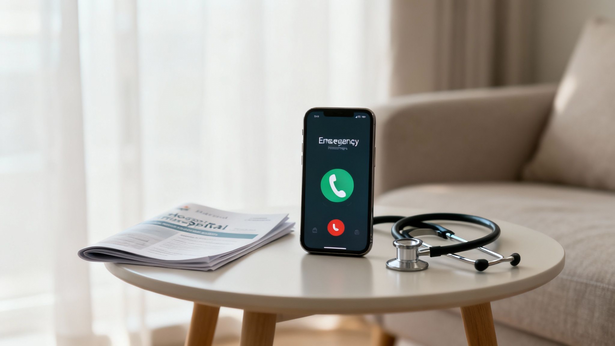 Smartphone affichant un appel d'urgence avec un stéthoscope et des documents médicaux sur une table.