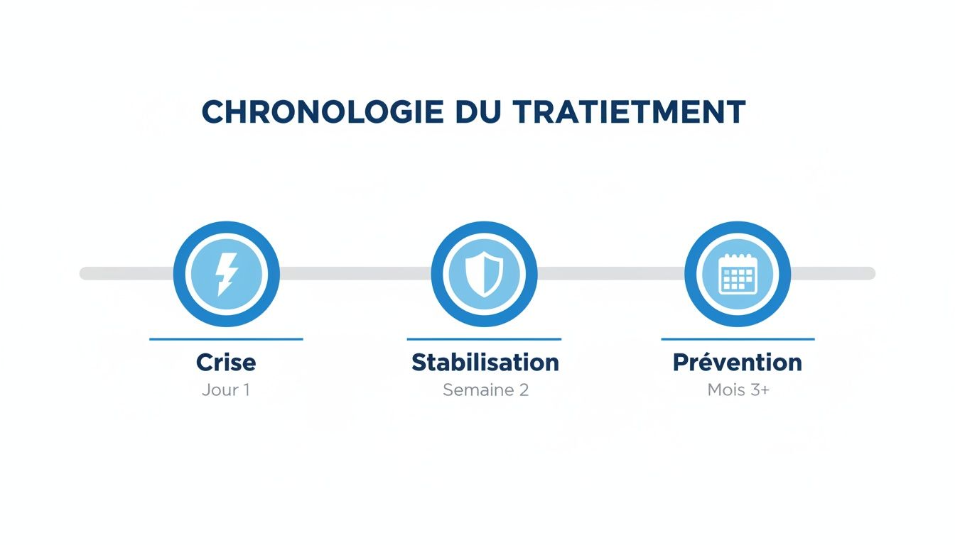 Infographie présentant la chronologie des phases de traitement: Crise (Jour 1), Stabilisation (Semaine 2), Prévention (Mois 3+).