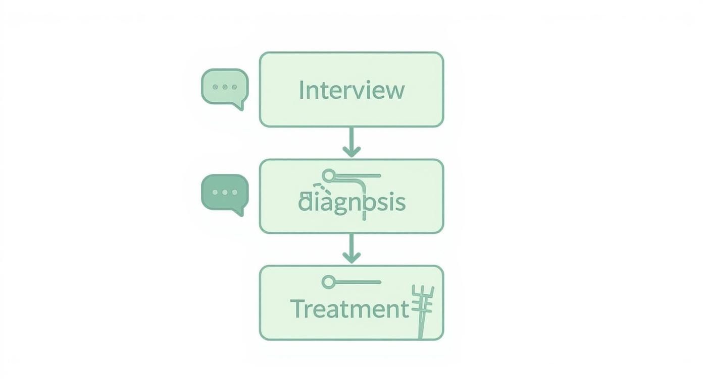 Organigramme illustrant les étapes d'un processus médical : entretien, diagnostic et traitement, avec des icônes de discussion.