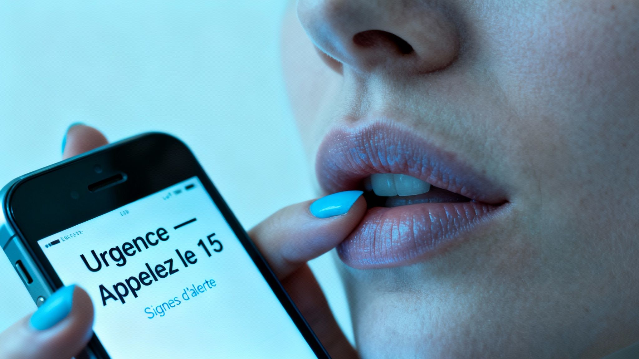 Une femme tient un smartphone affichant "Urgence - Appelez le 15", son doigt à ses lèvres, exprimant l'inquiétude.