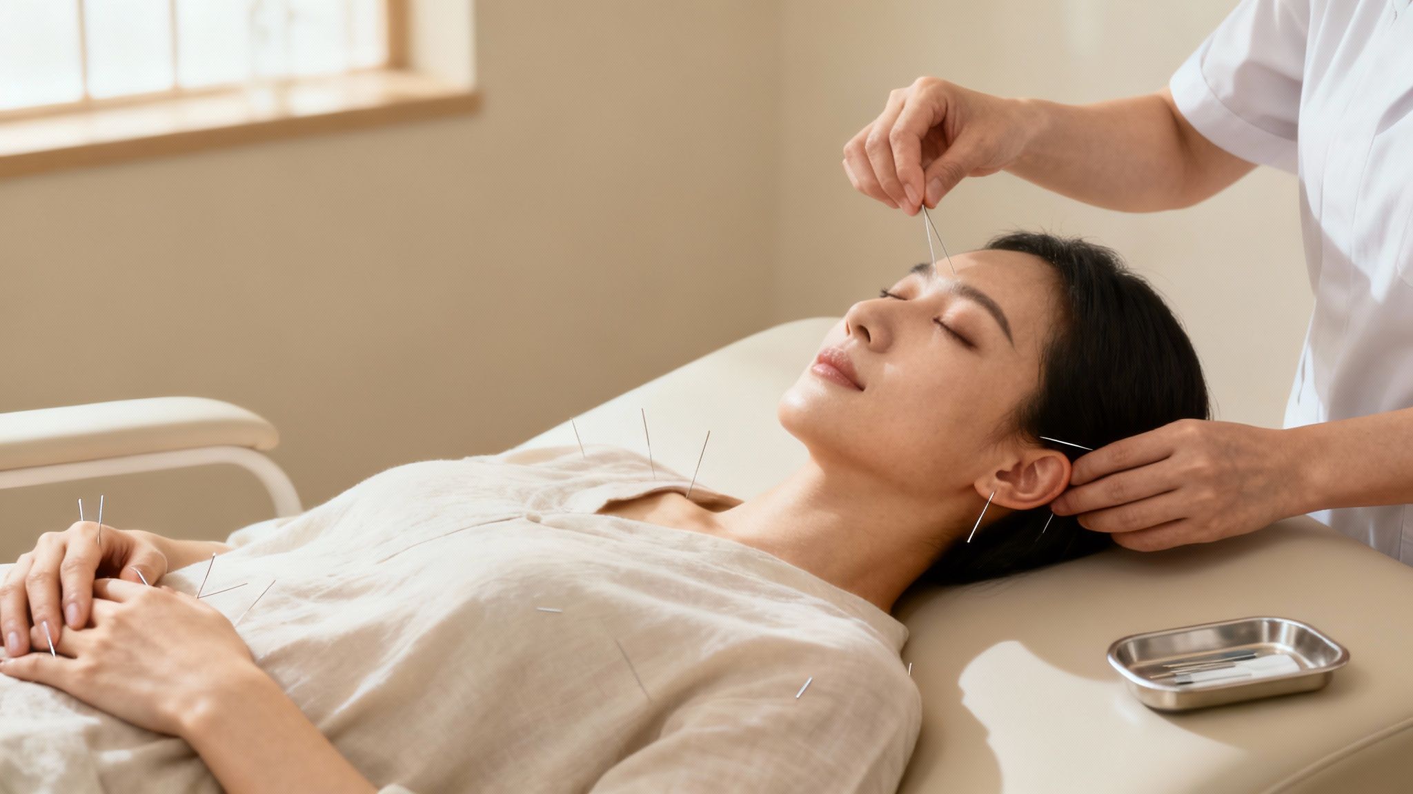 Femme recevant un traitement d'acupuncture thérapeutique avec des aiguilles sur le visage et le corps